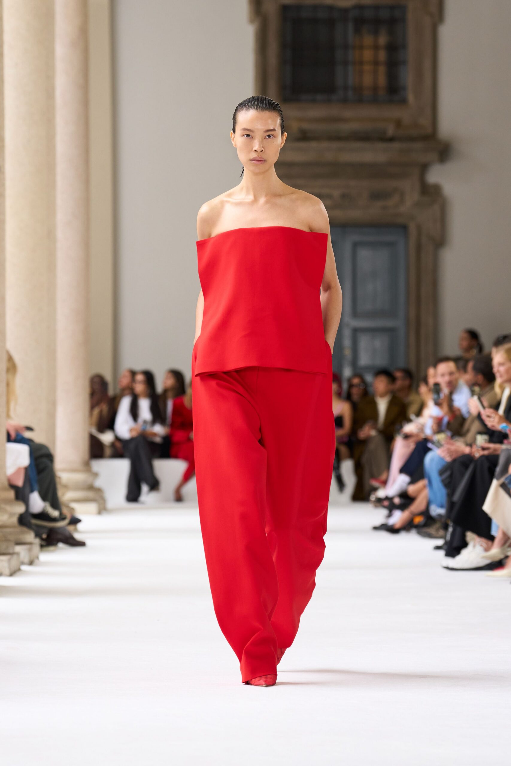red off-shoulder top and pants