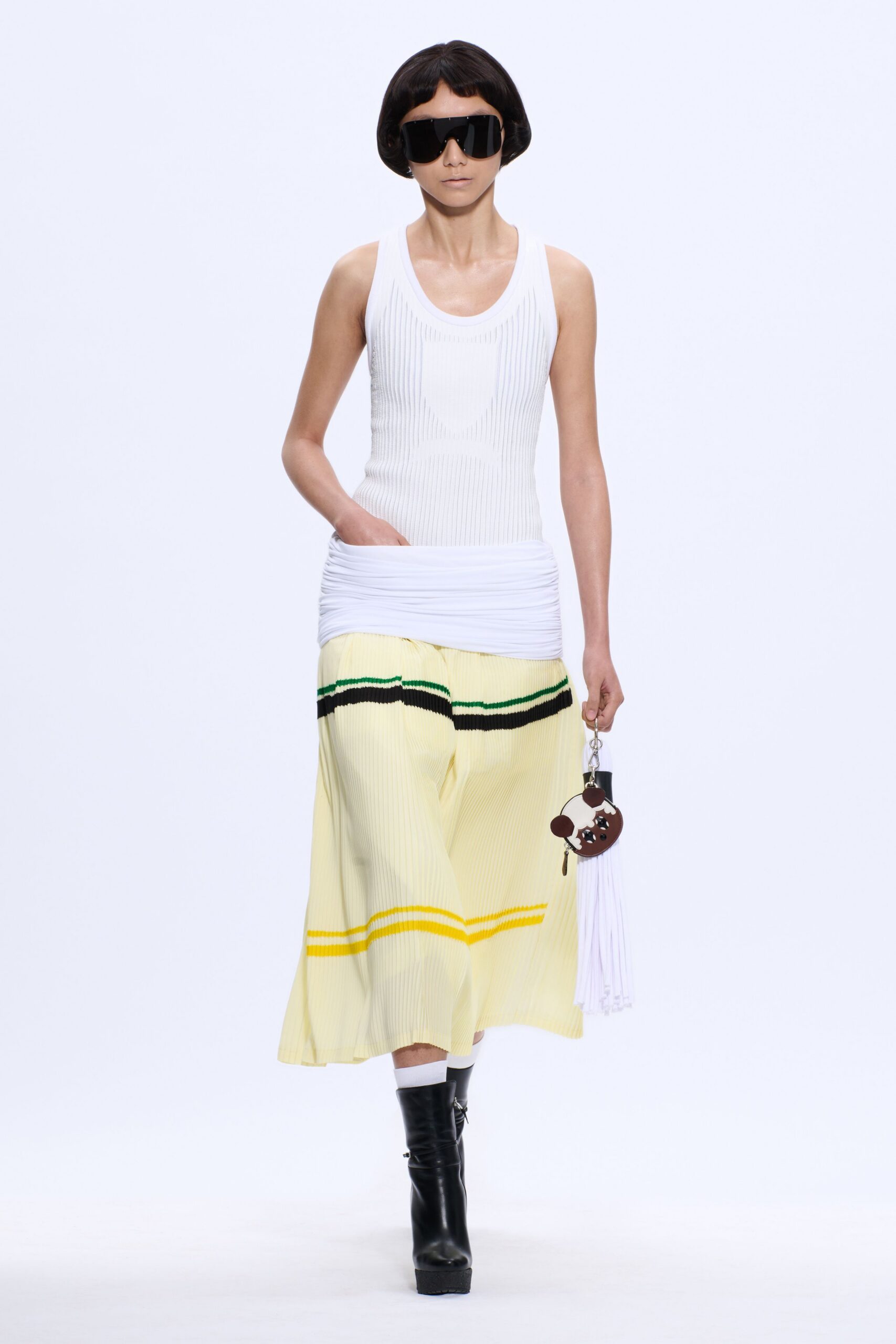 yellow cotton relaxed striped pleated midi skirt