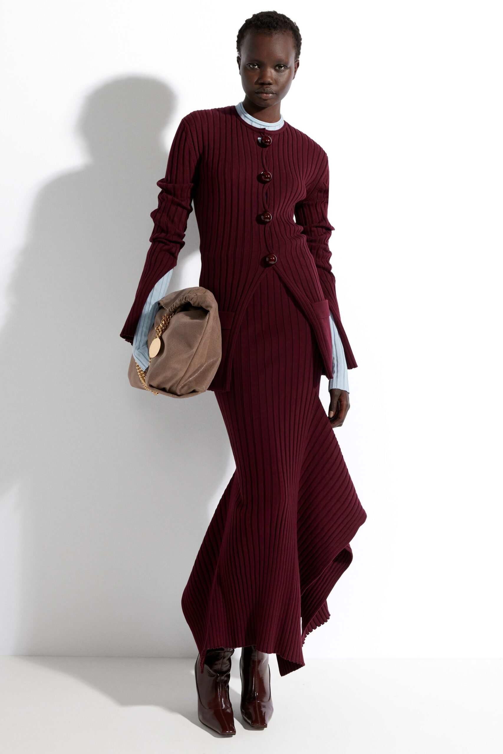 maroon knit long-sleeve collared fitted pleated maxi dress