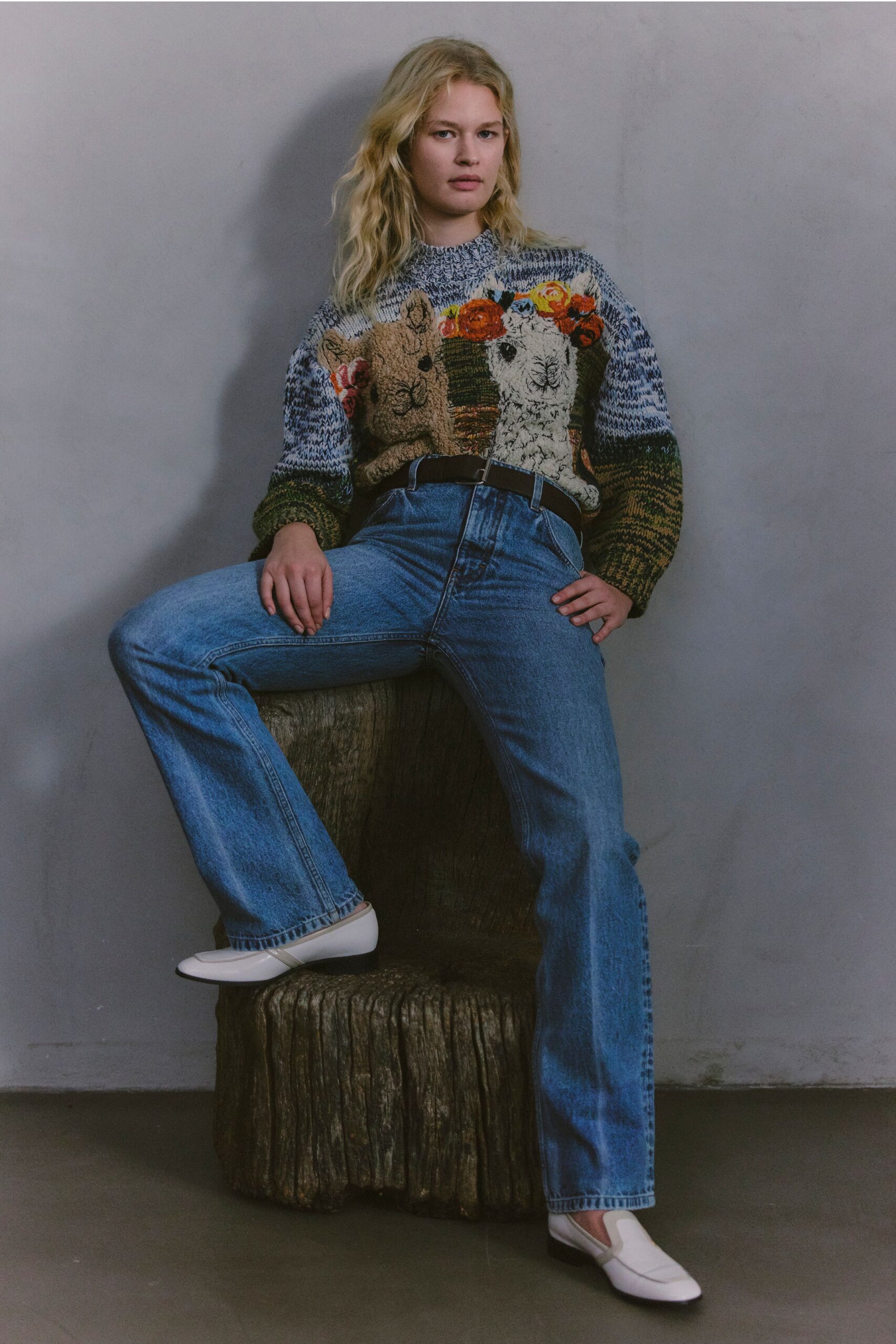 multi cotton long-sleeve collared relaxed embroidered sweater
