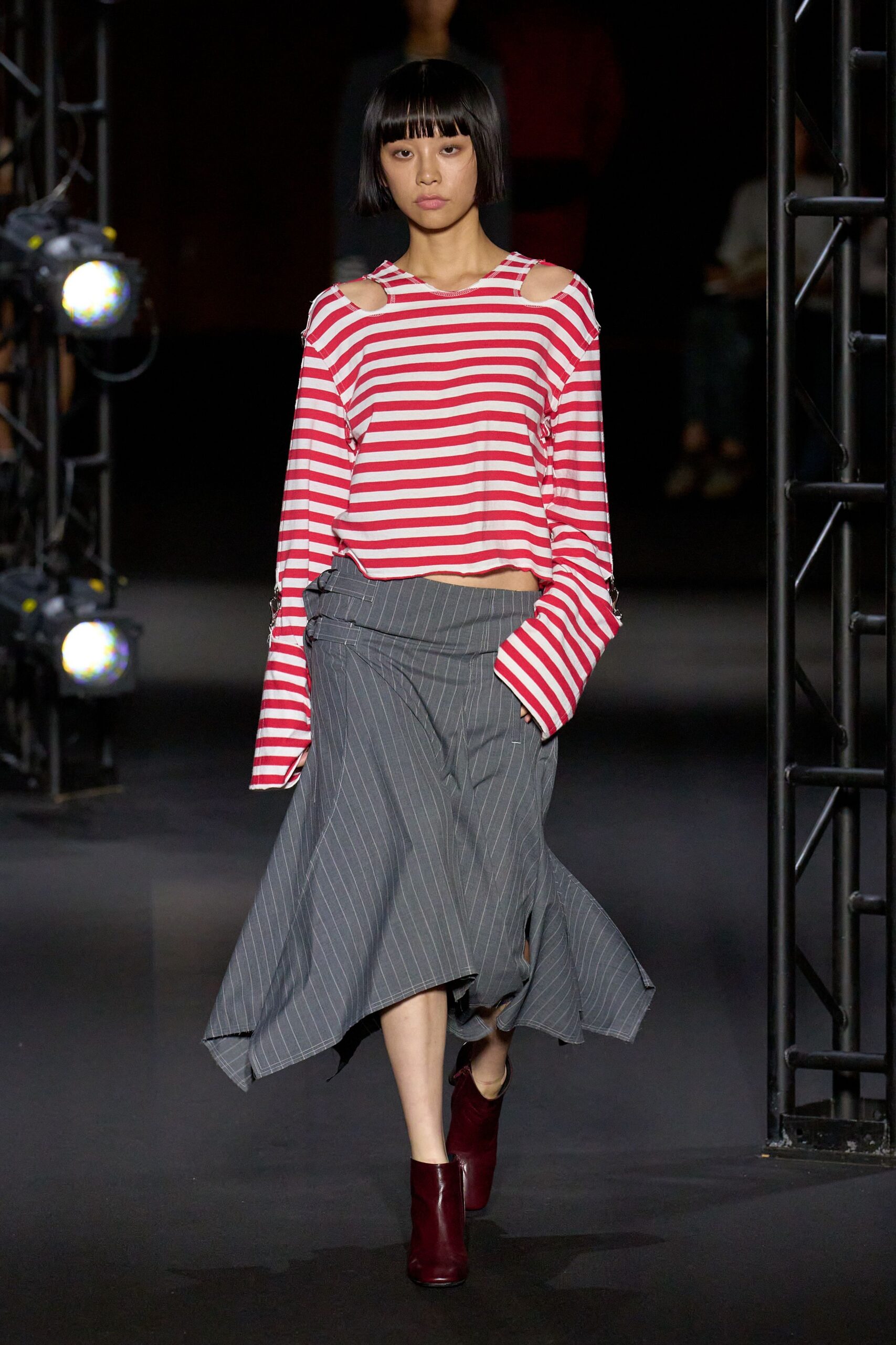 red long-sleeve off-shoulder fitted striped cropped top