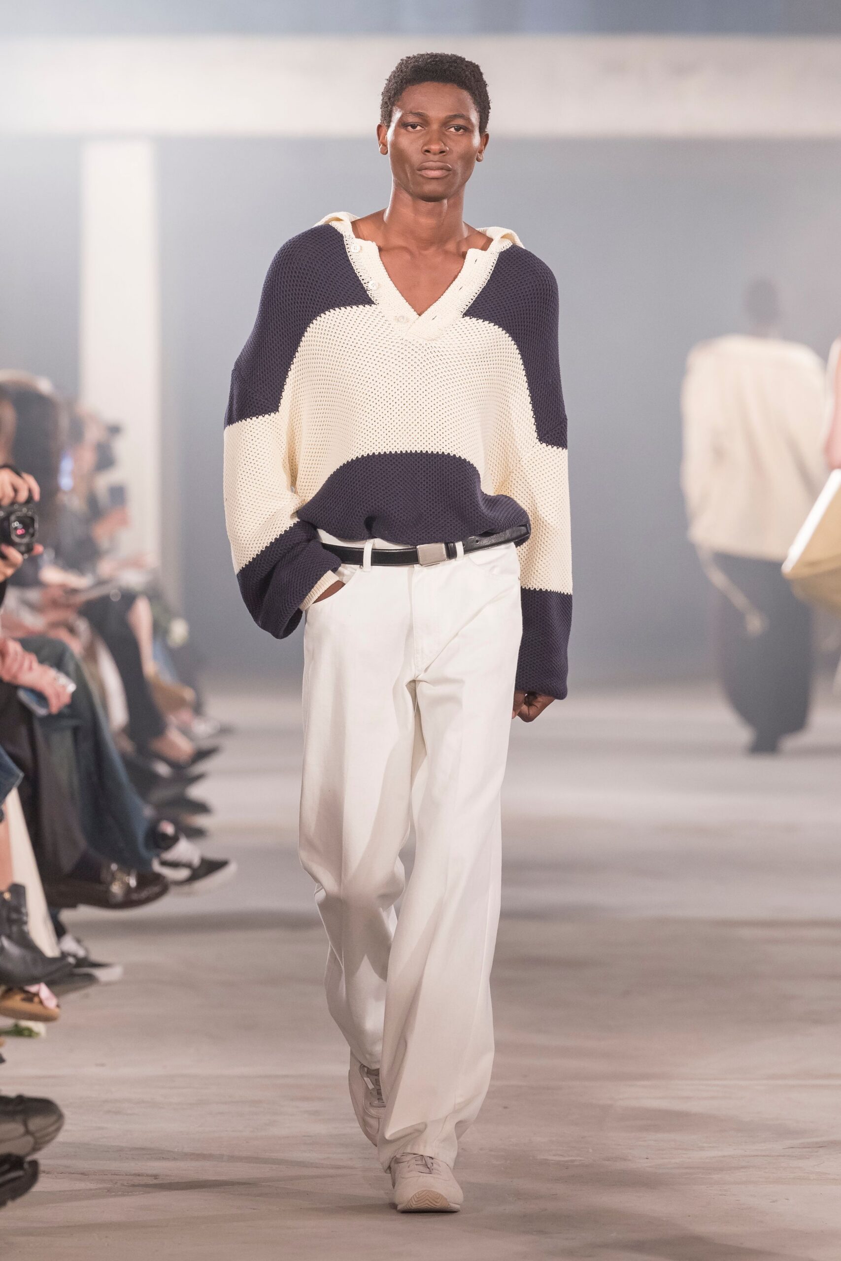 blue cotton long-sleeve v-neck oversized sweater