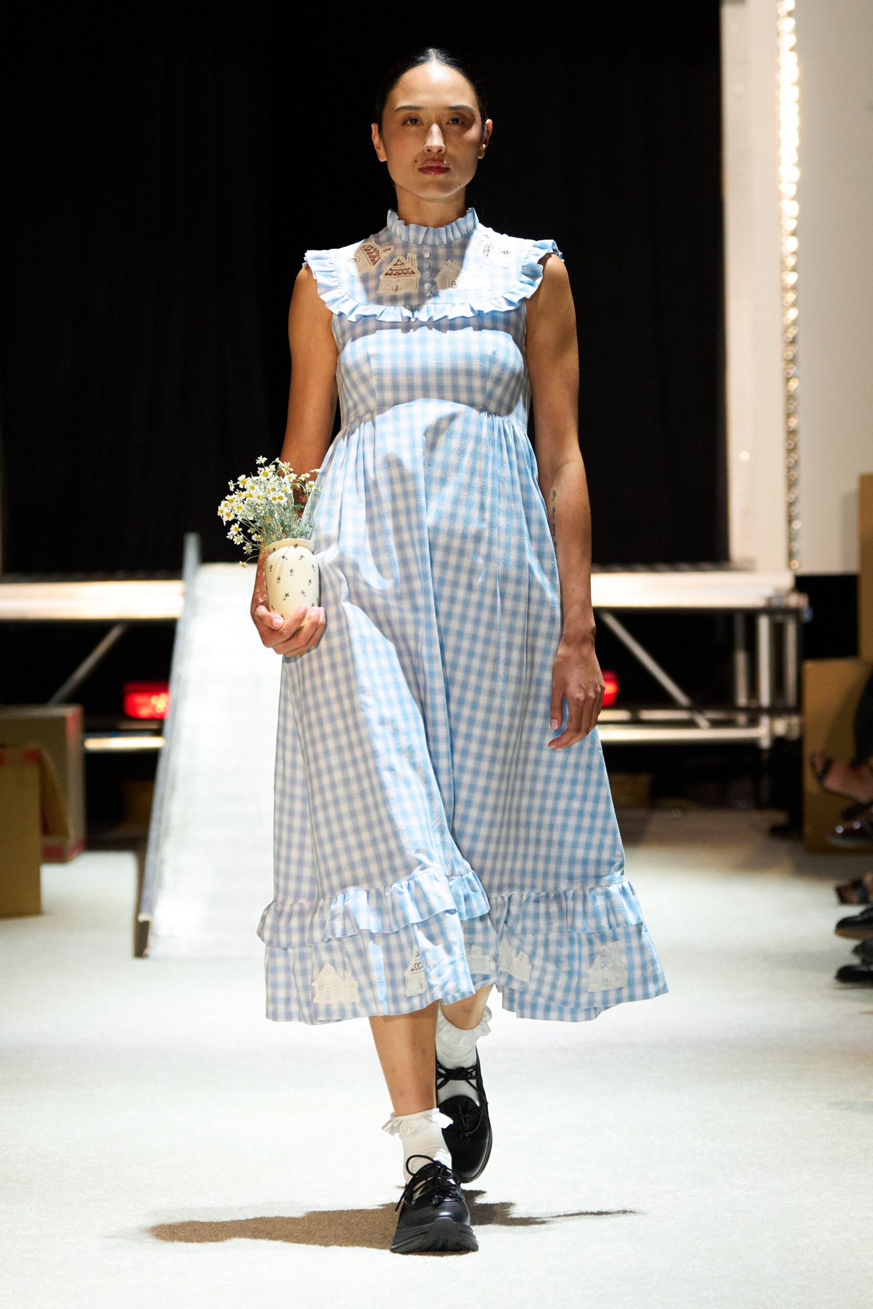 blue and white checked midi dress