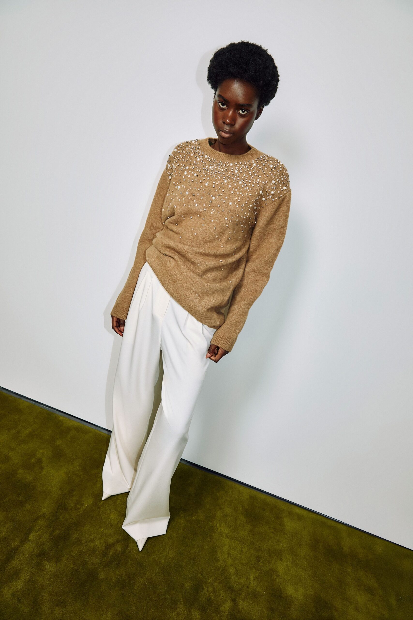 brown wool long-sleeve collared fitted beaded sweater