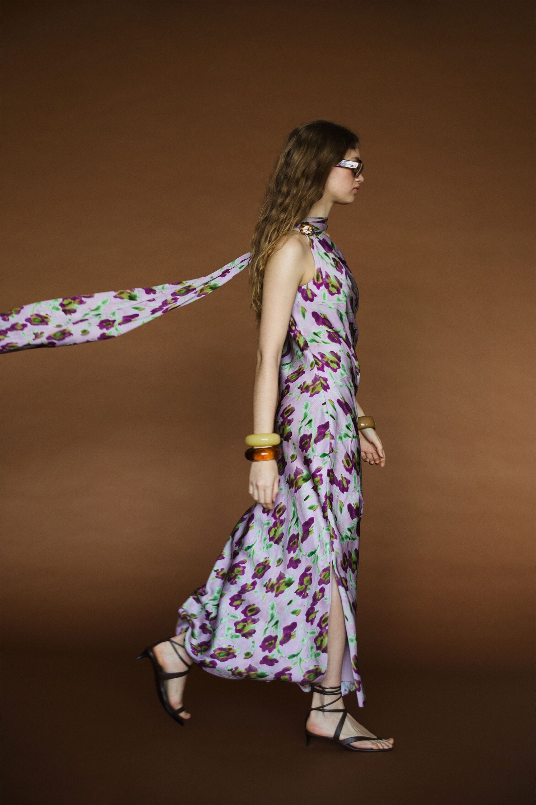 purple silk sleeveless high-neck fitted floral draped gown