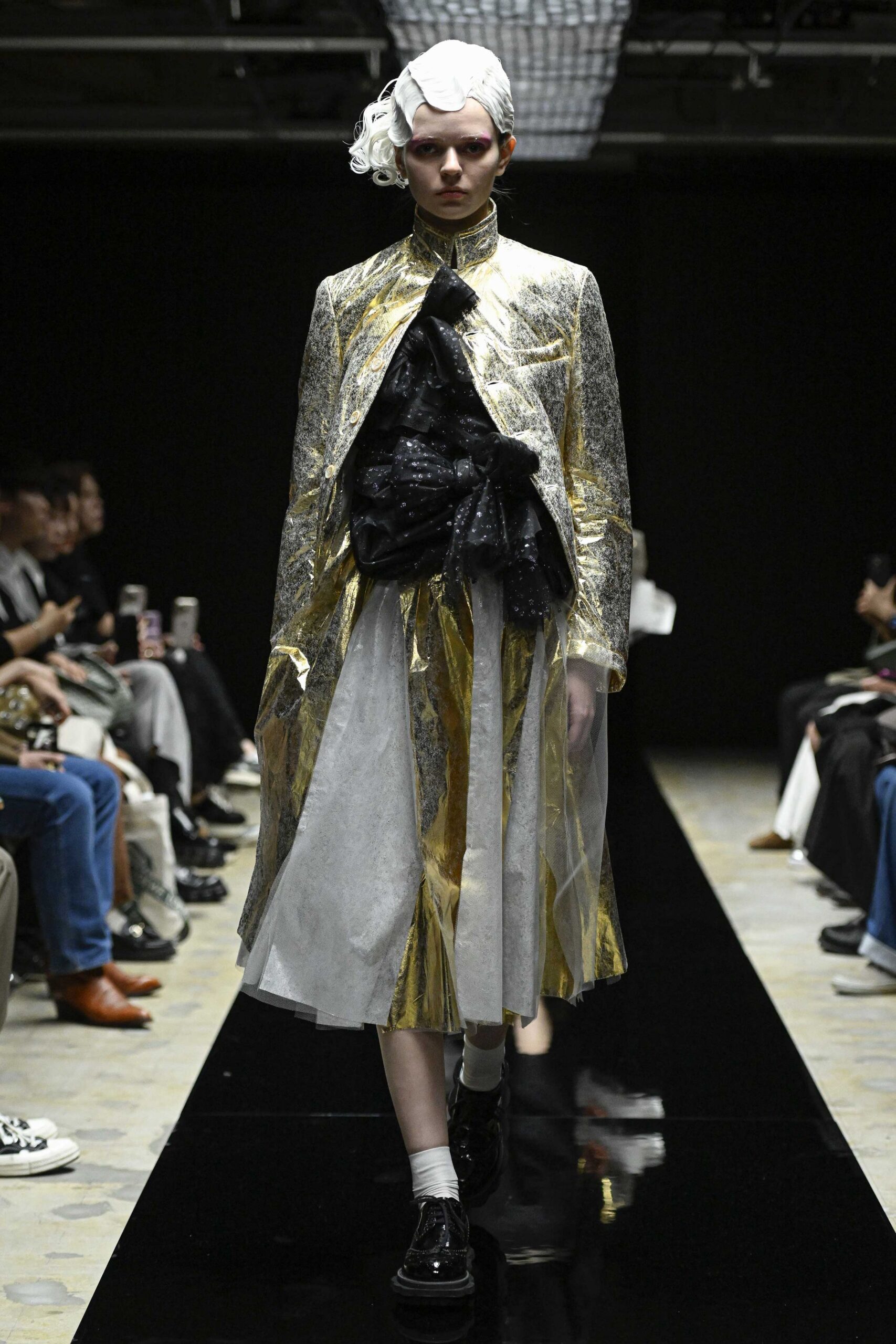 gold metallic long-sleeve collared fitted draped shiny coat