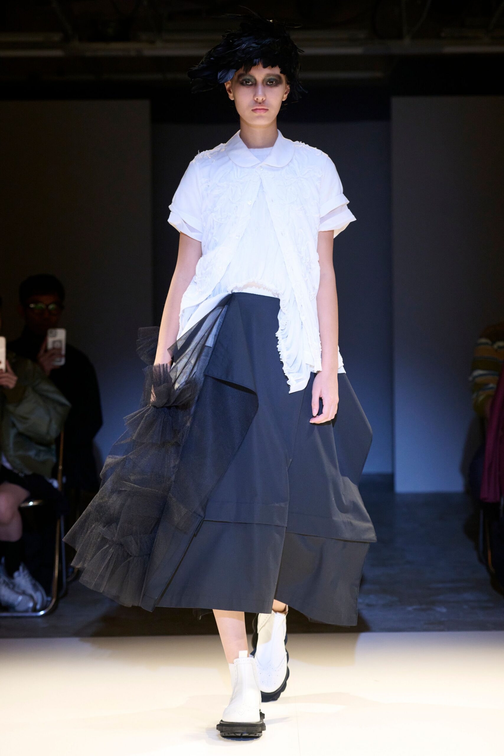 white top black layered skirt
