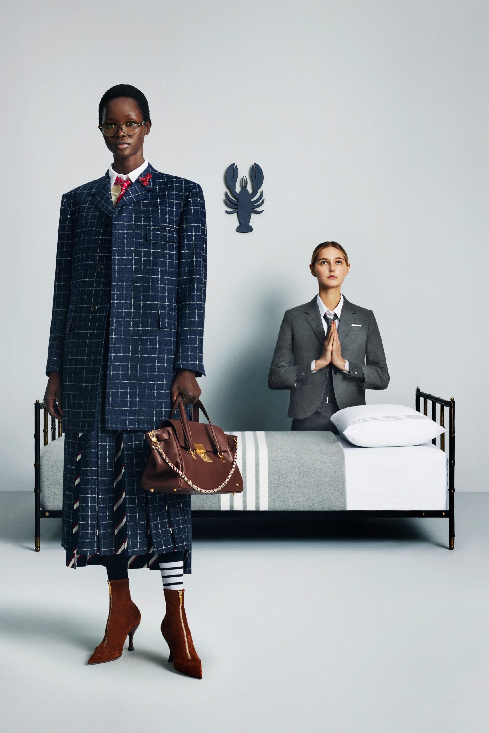 blue checked suit with pleated skirt