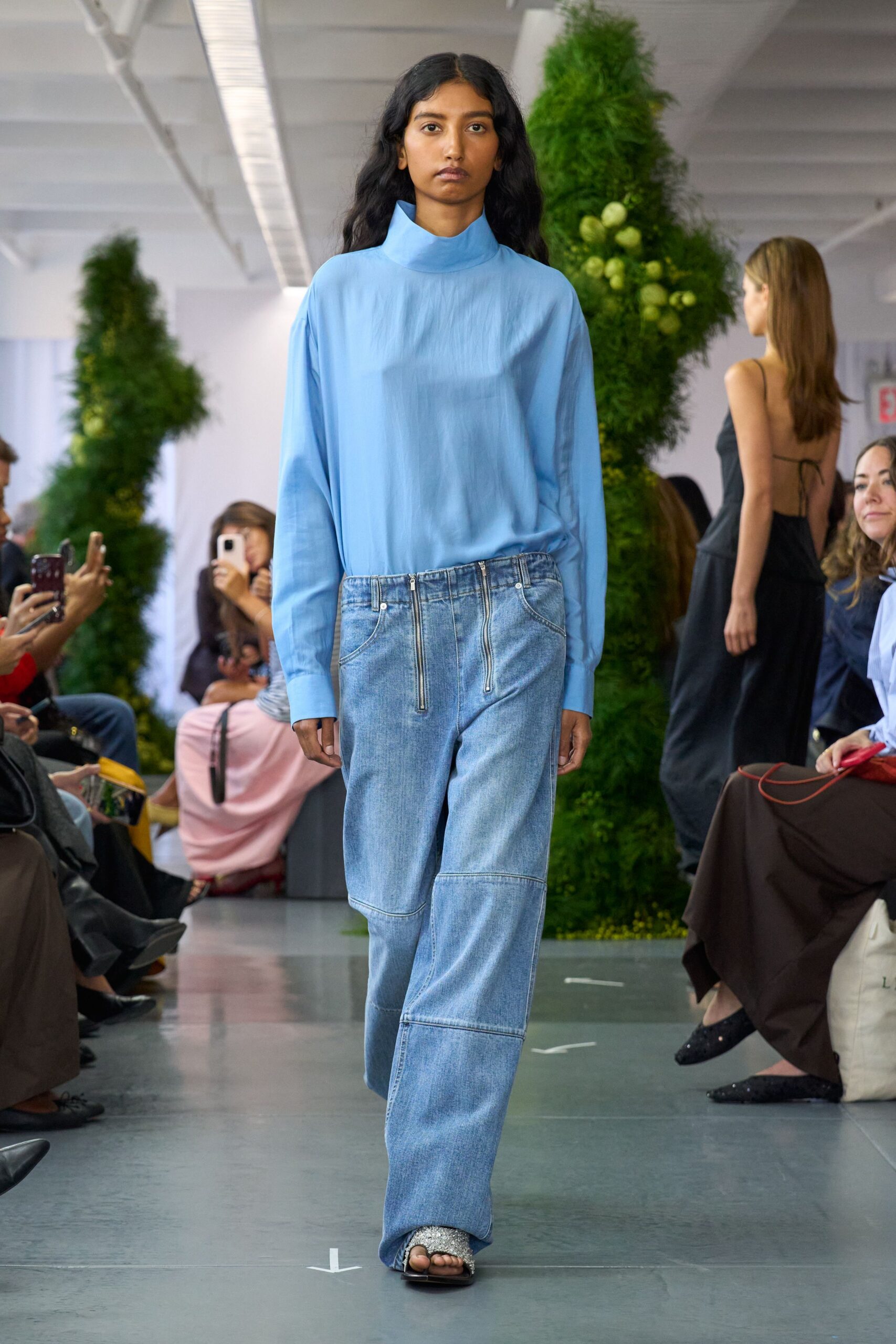 blue relaxed shirt with denim pants