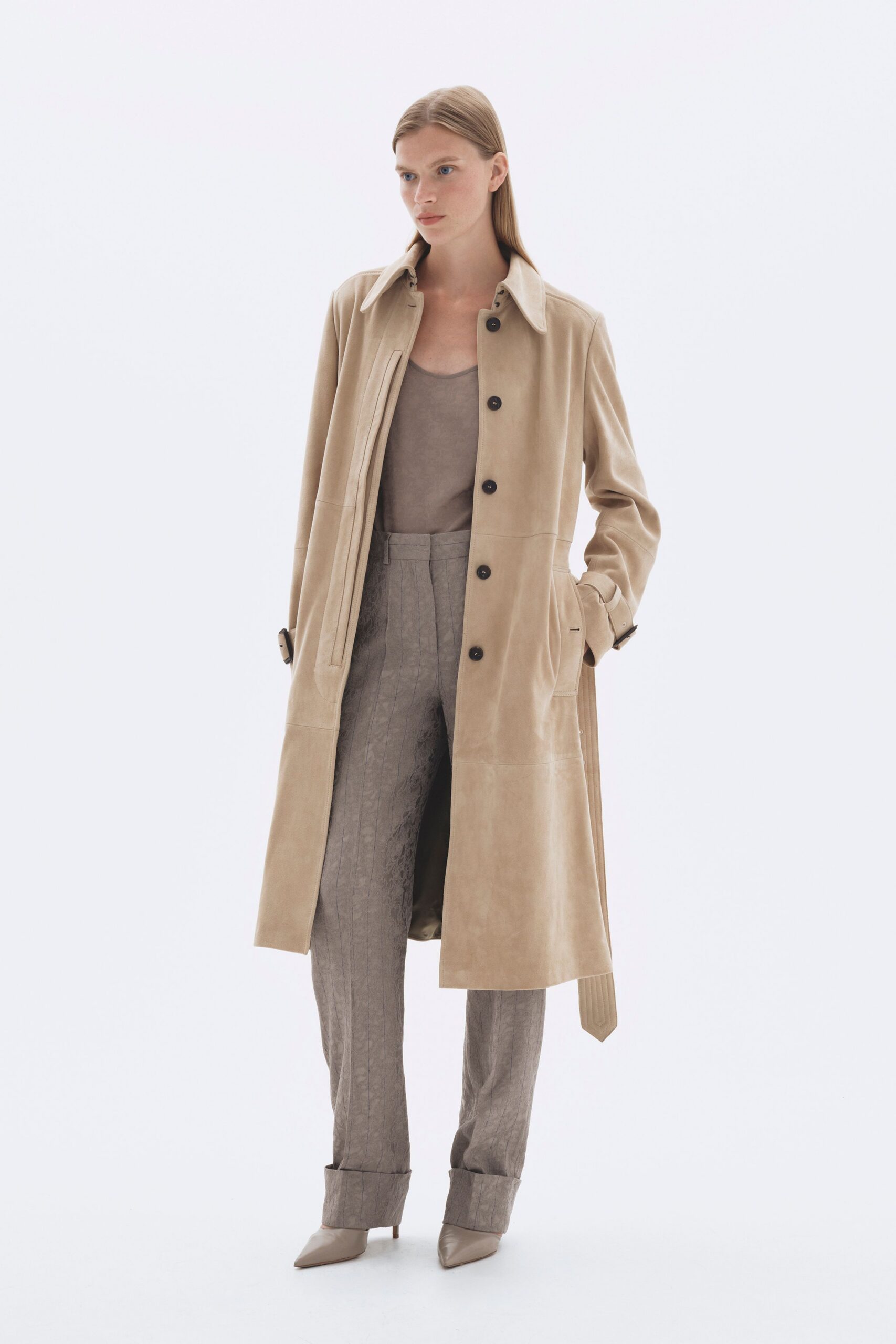 beige suede long-sleeve collared relaxed buttoned coat