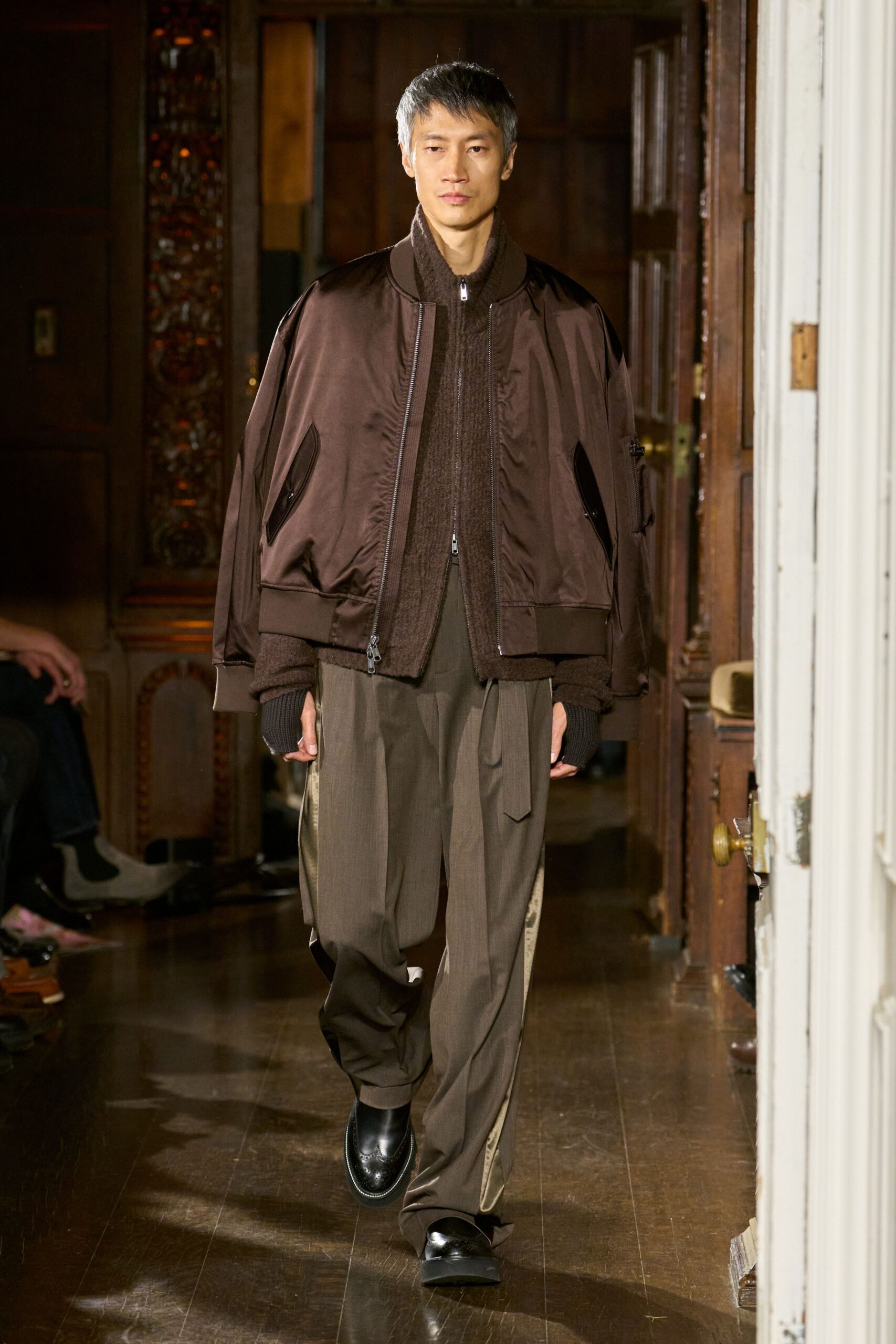 brown relaxed jacket with gray pants