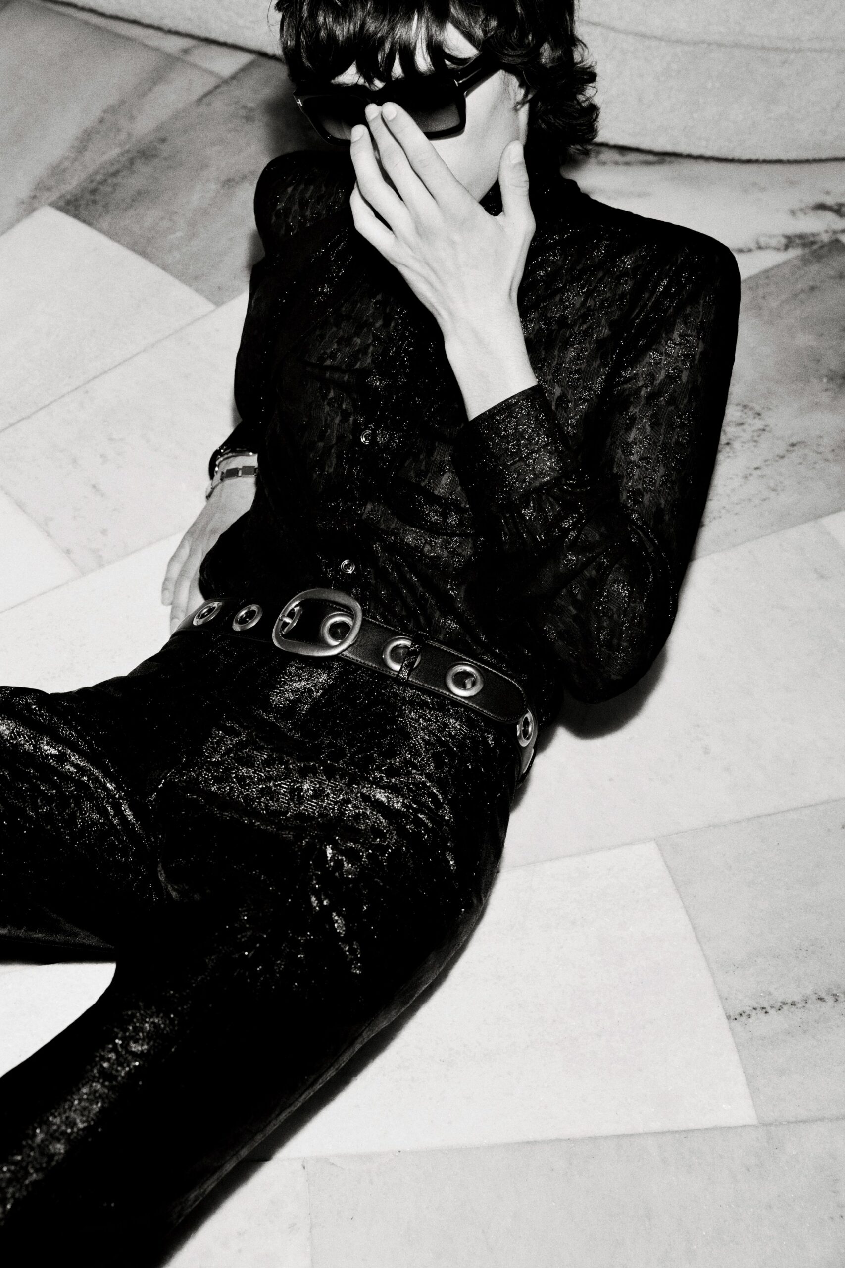black silk long-sleeve collared fitted textured shiny jumpsuit