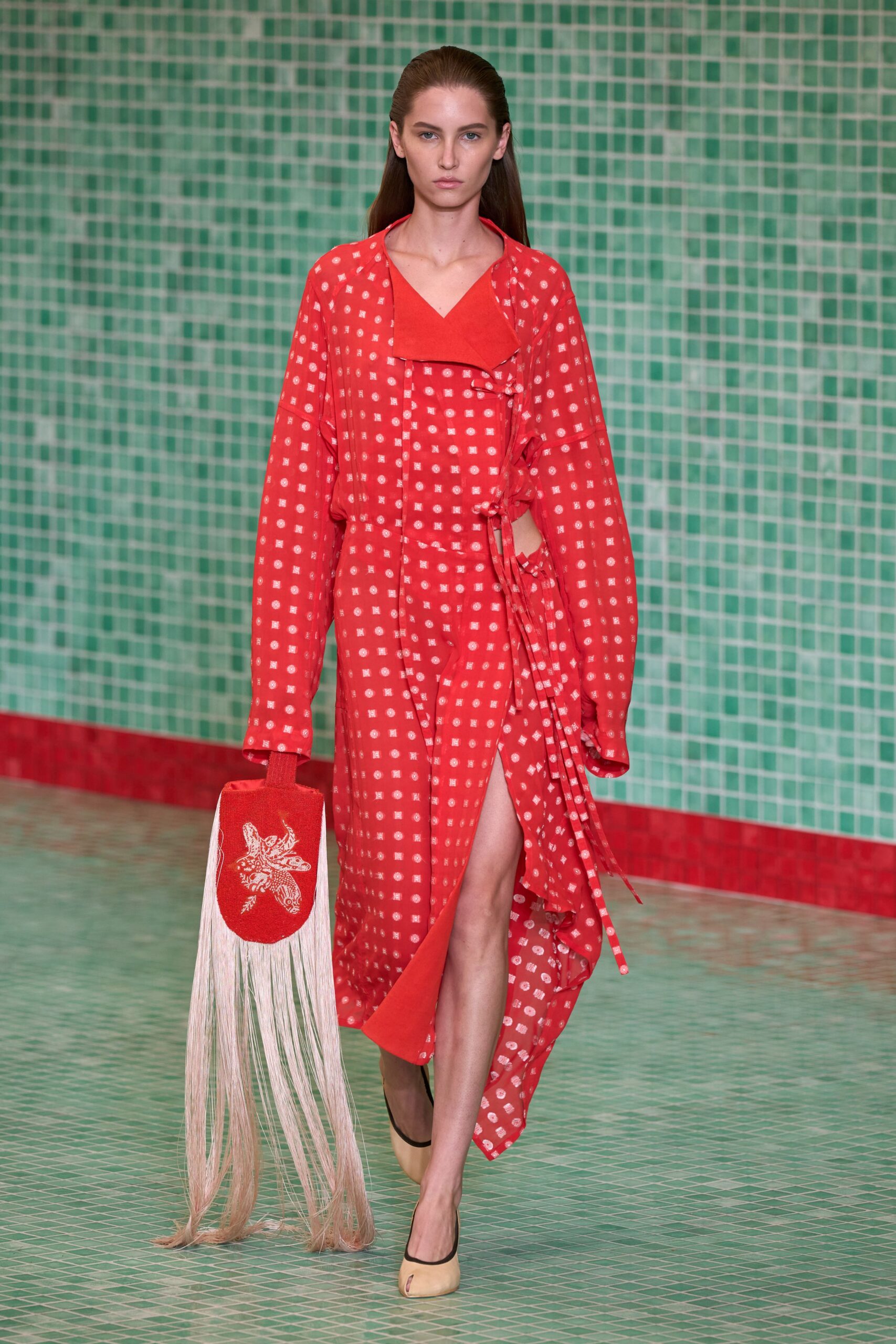 red cotton long-sleeve v-neck relaxed polka-dot midi dress