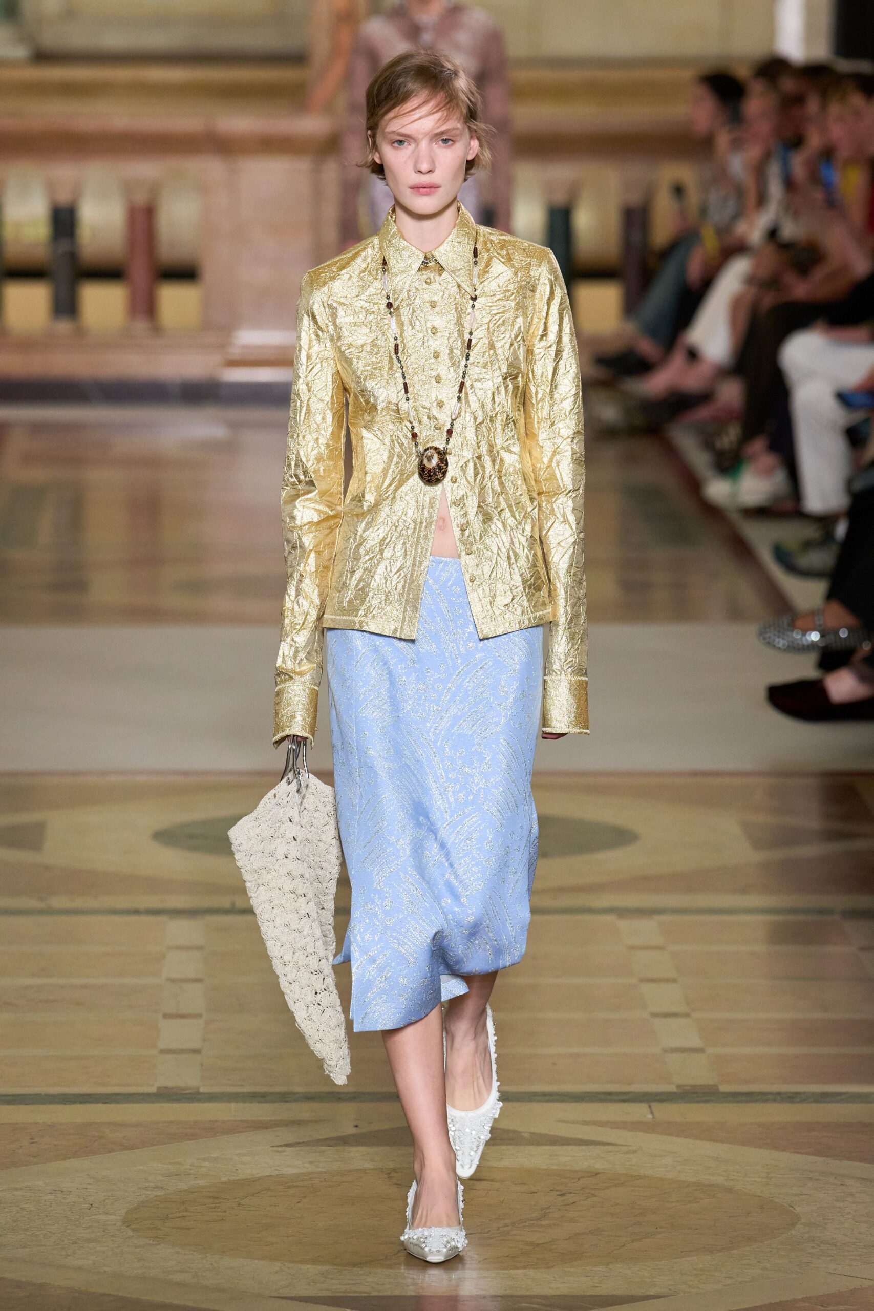 gold metallic long-sleeve collared fitted buttoned shiny jacket