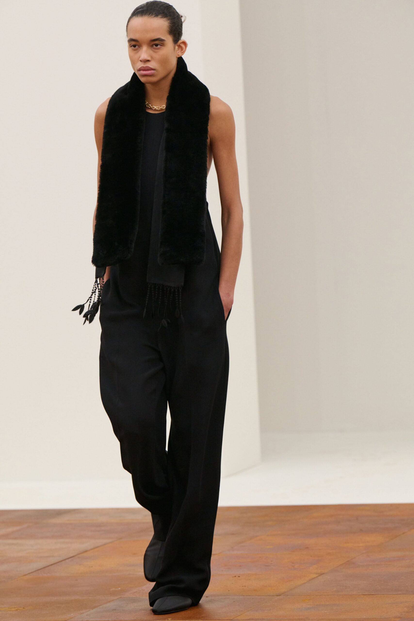 black faux-fur sleeveless relaxed jumpsuit