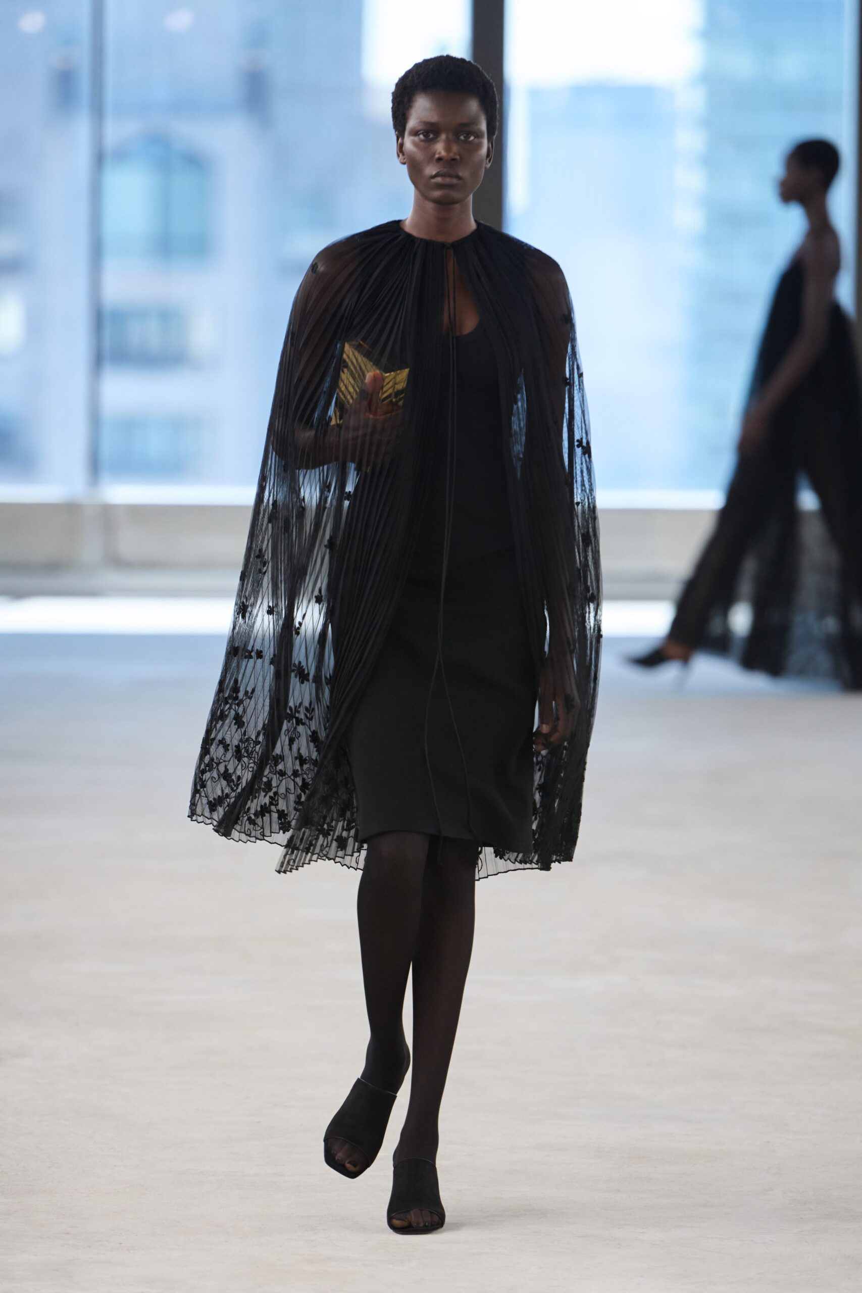 black silk pleated dress with cape