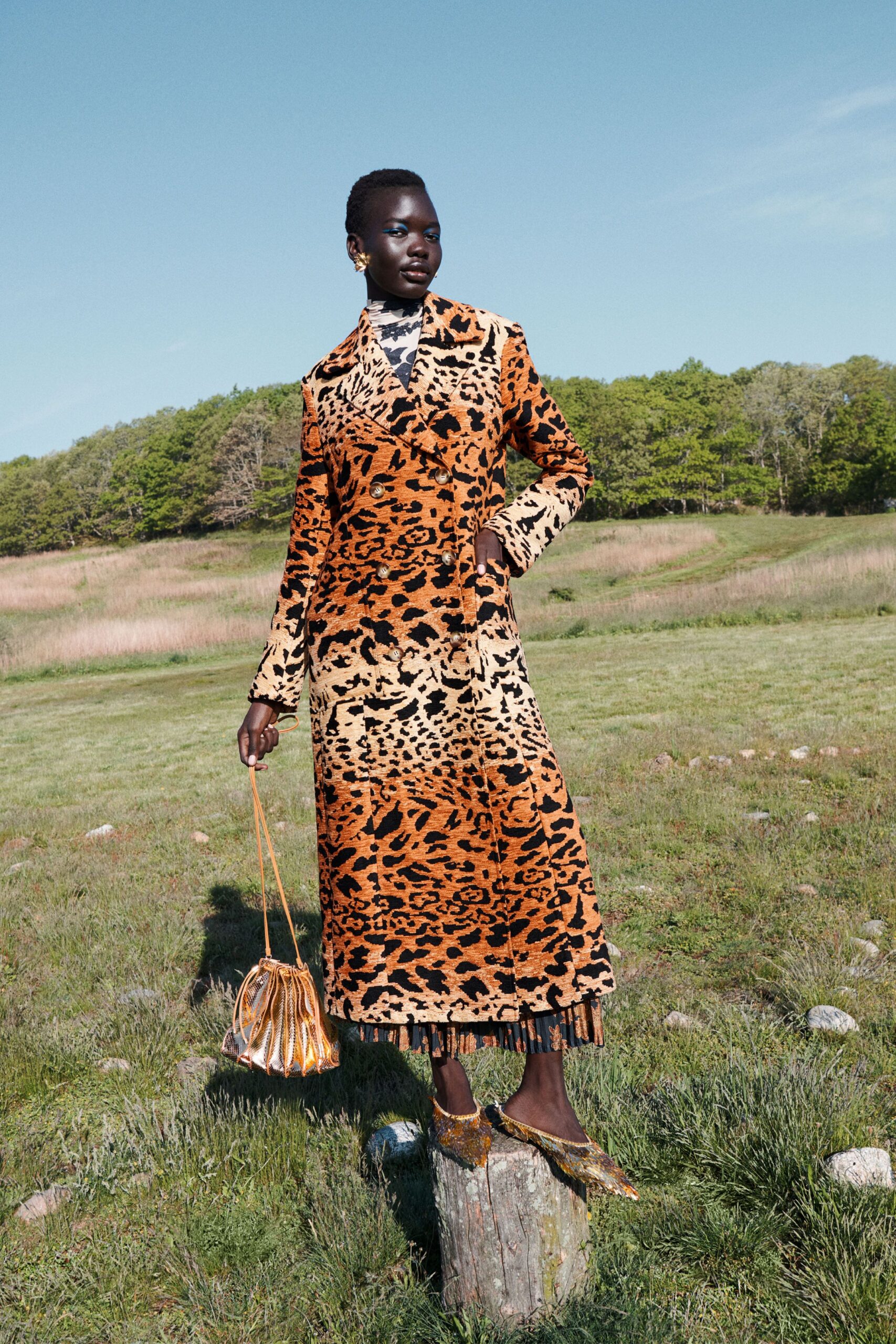 orange jacquard double-breasted long-sleeve tailored animal-print buttoned coat