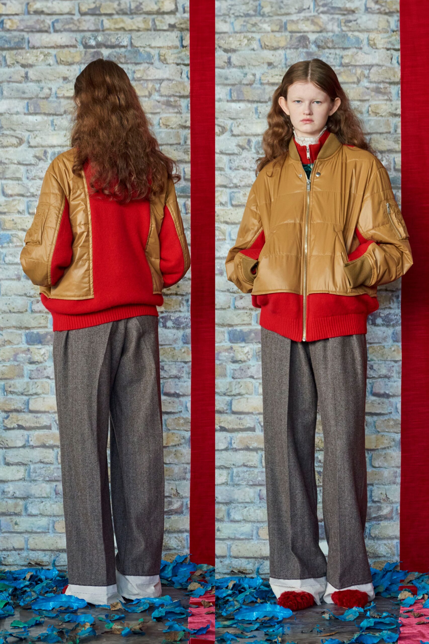 brown vinyl jacket red sweater