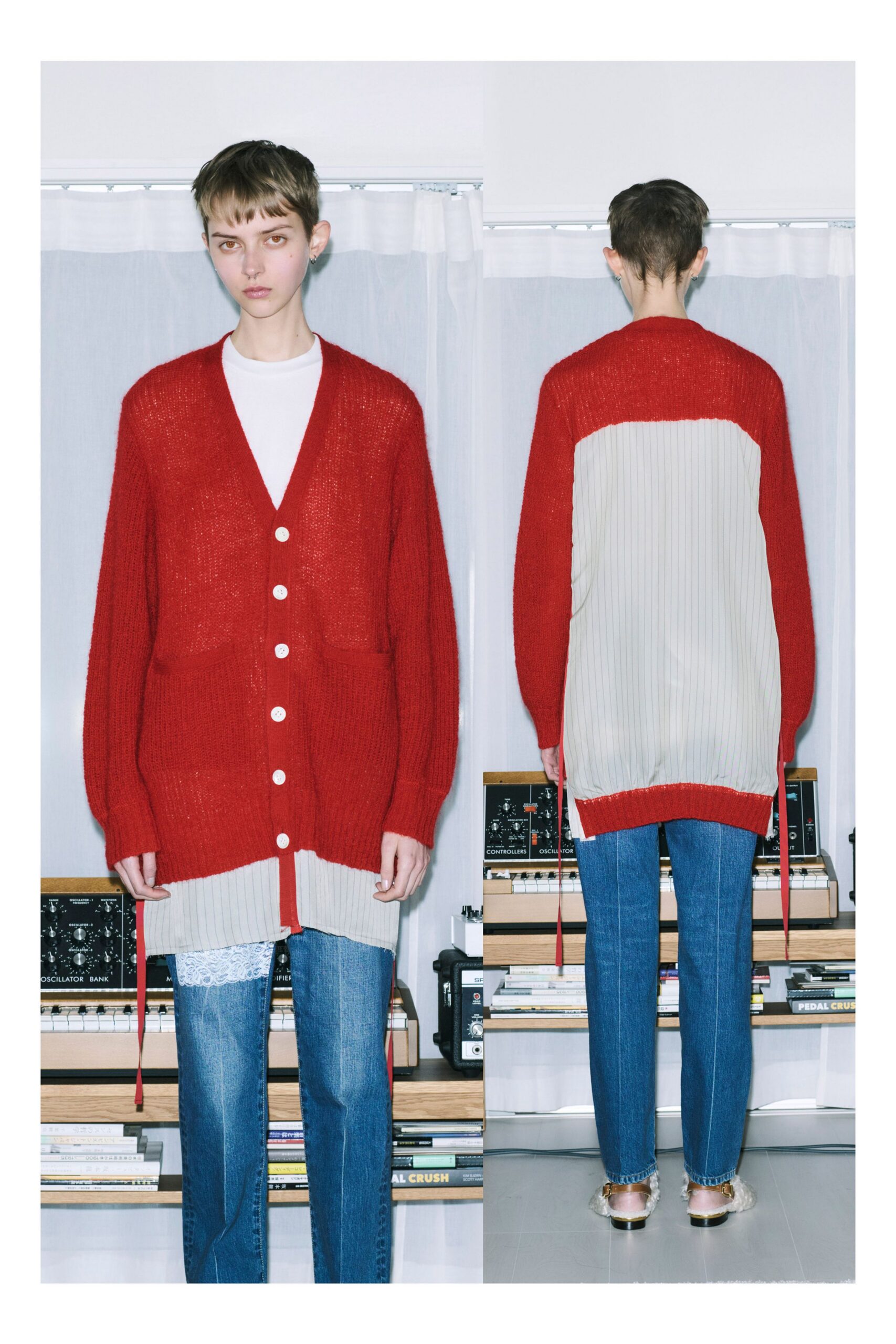 red wool long-sleeve collared oversized buttoned cardigan