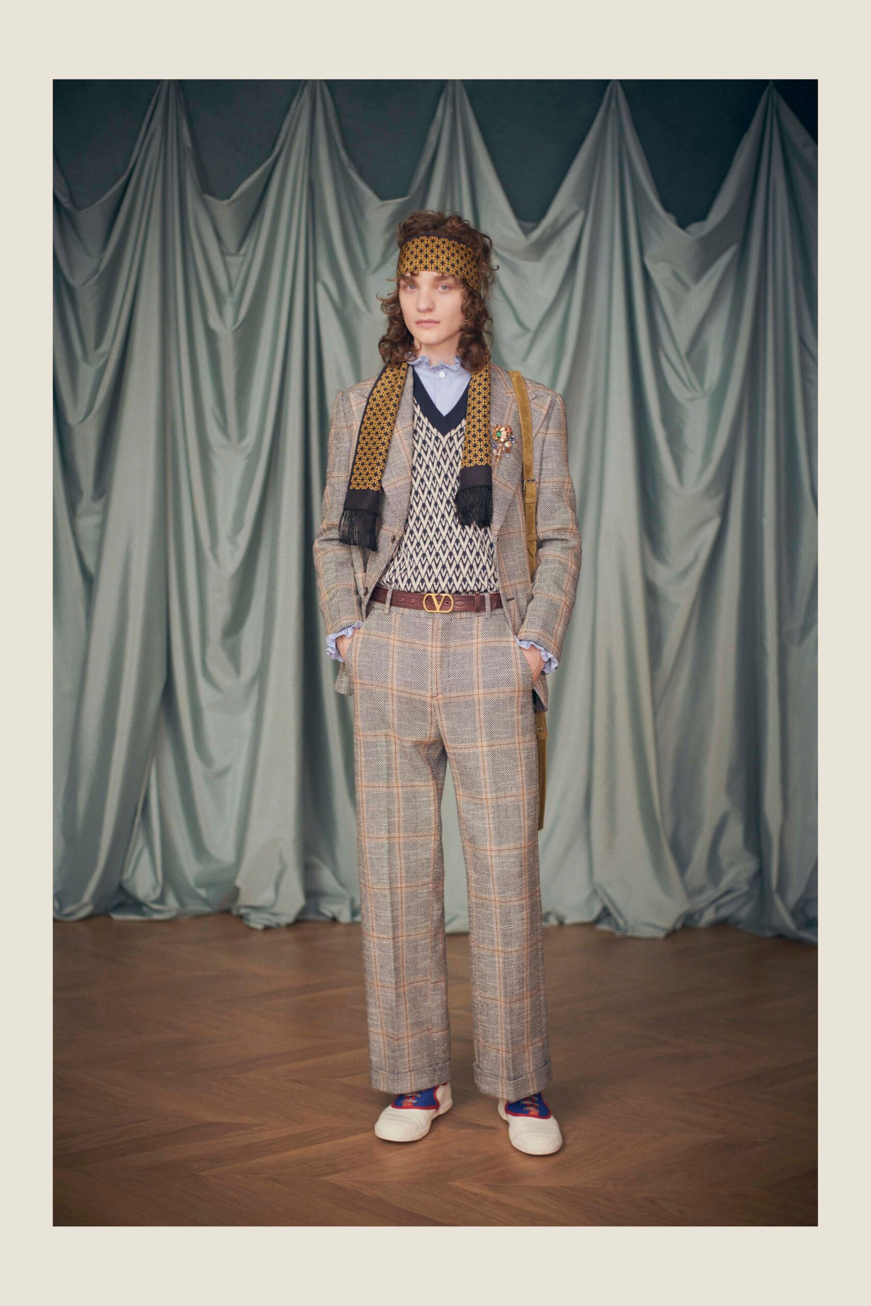 beige tailored suit with vest