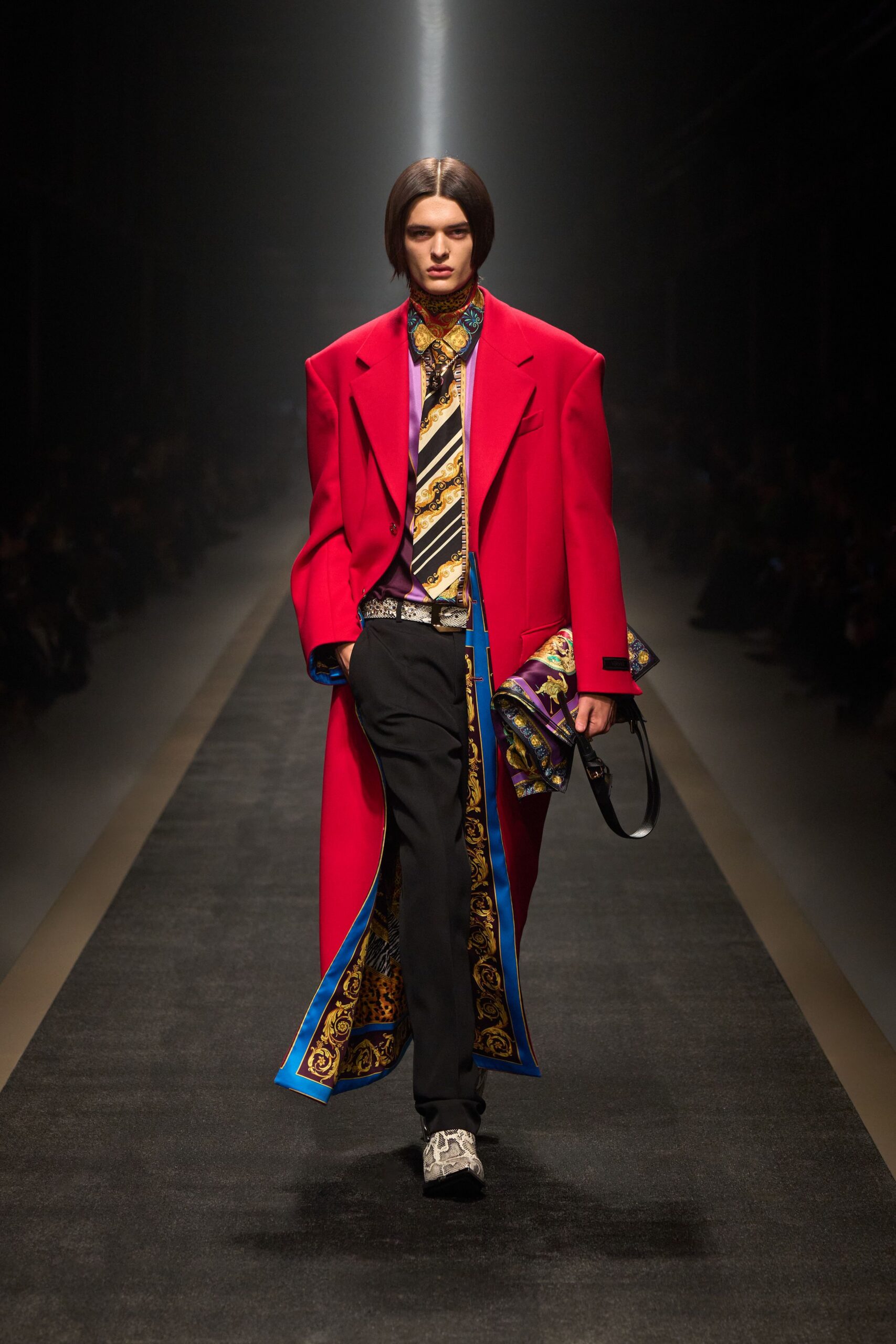 red oversized coat with multicolor shirt