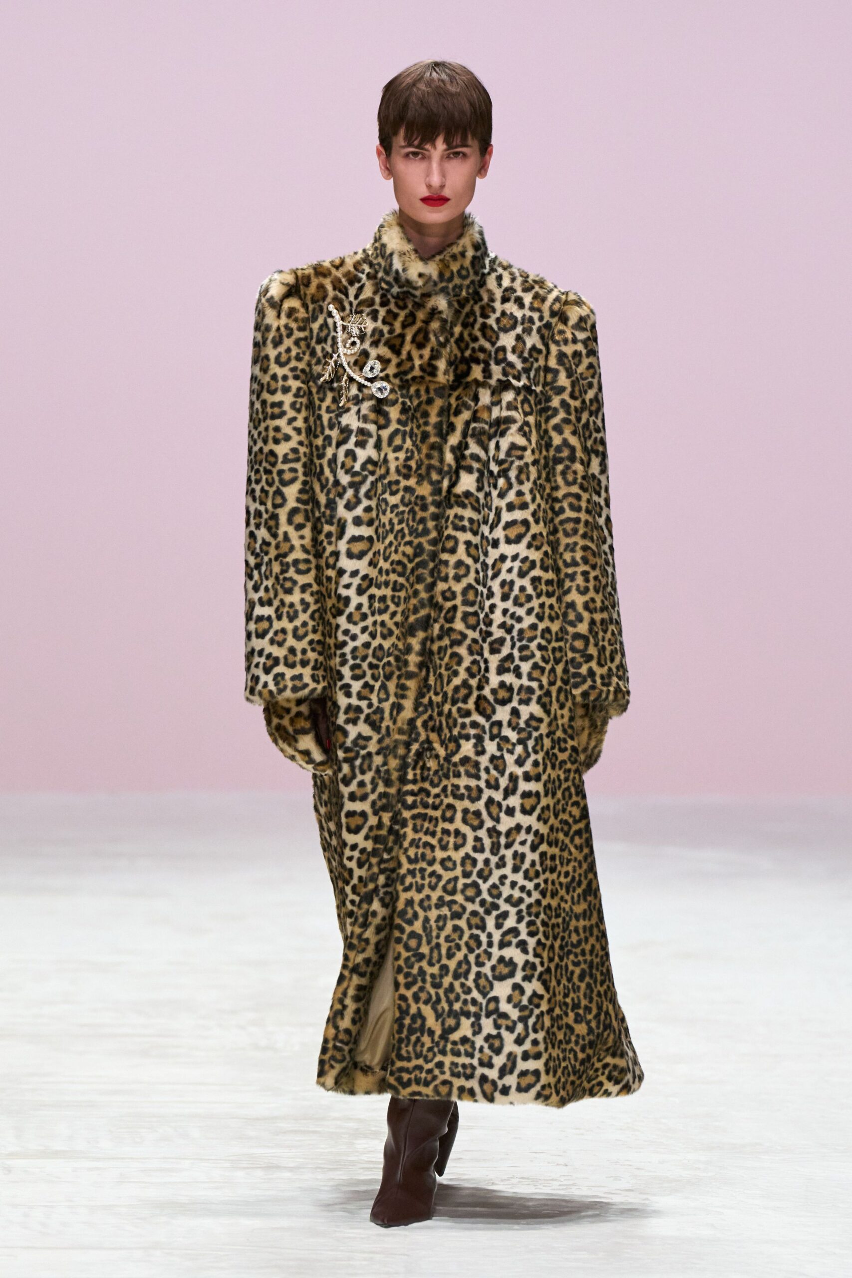 brown faux-fur long-sleeve relaxed animal-print maxi coat