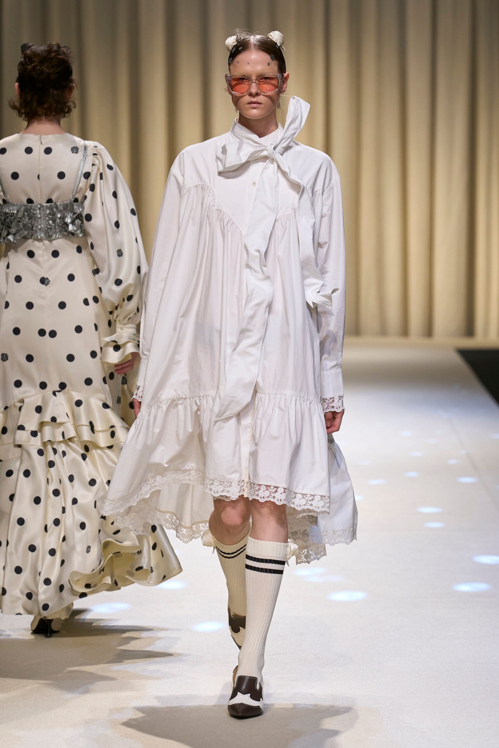 white cotton long-sleeve collared relaxed pleated layered dress