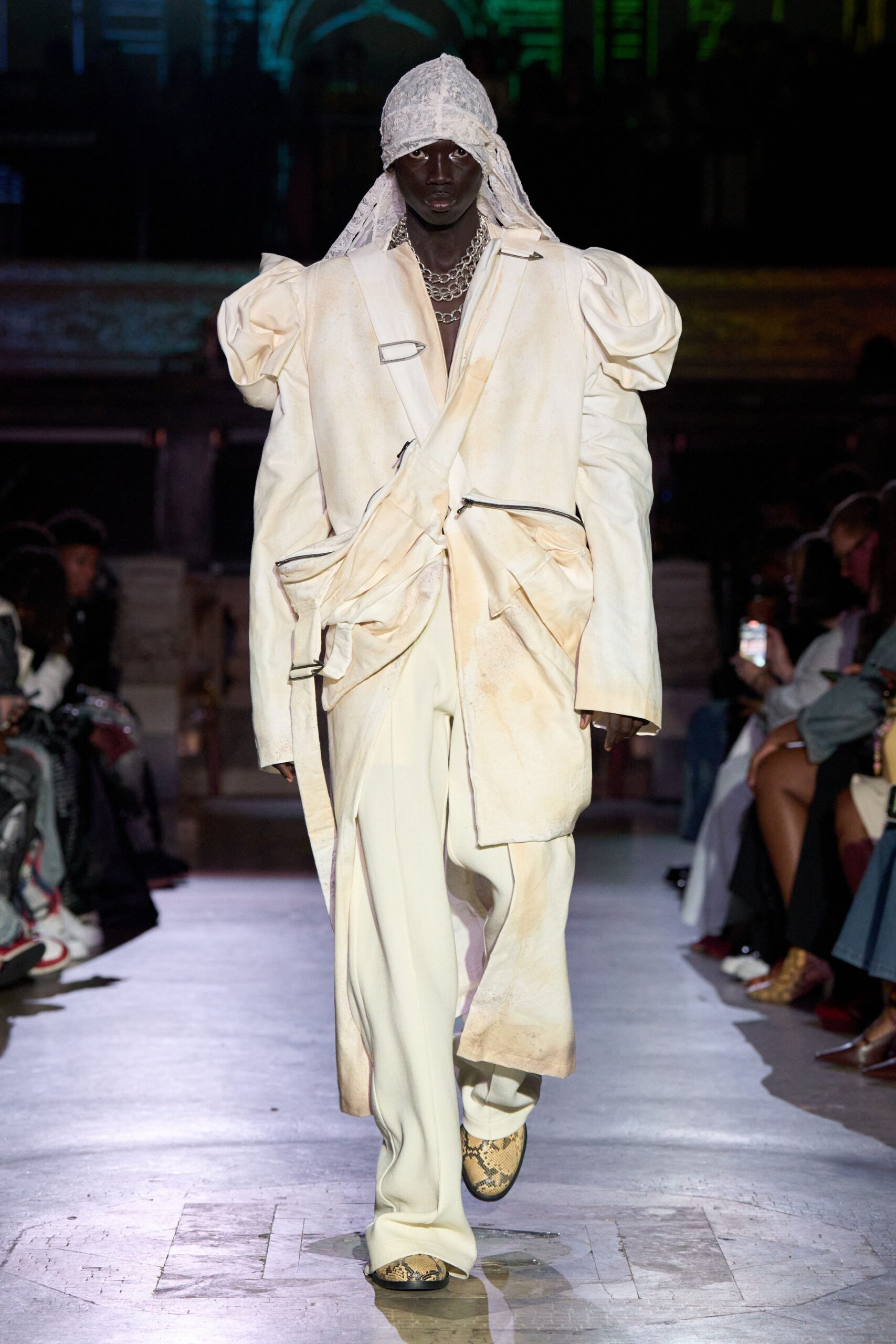 white cotton long-sleeve collared oversized draped buttoned coat