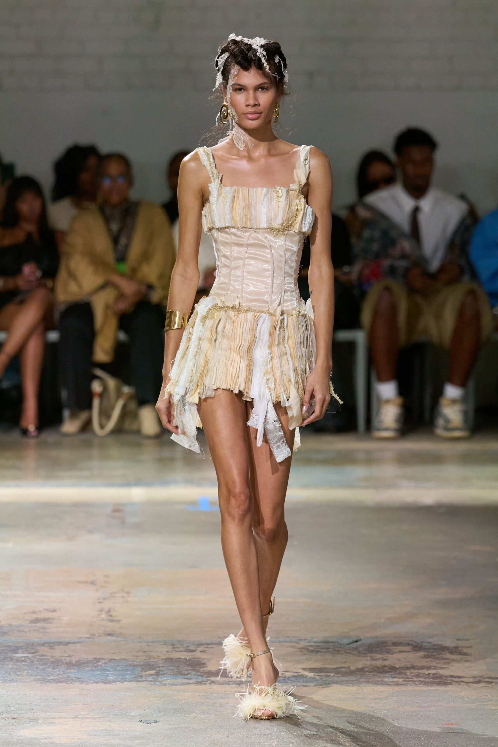 beige silk sleeveless v-neck fitted ruffled layered dress