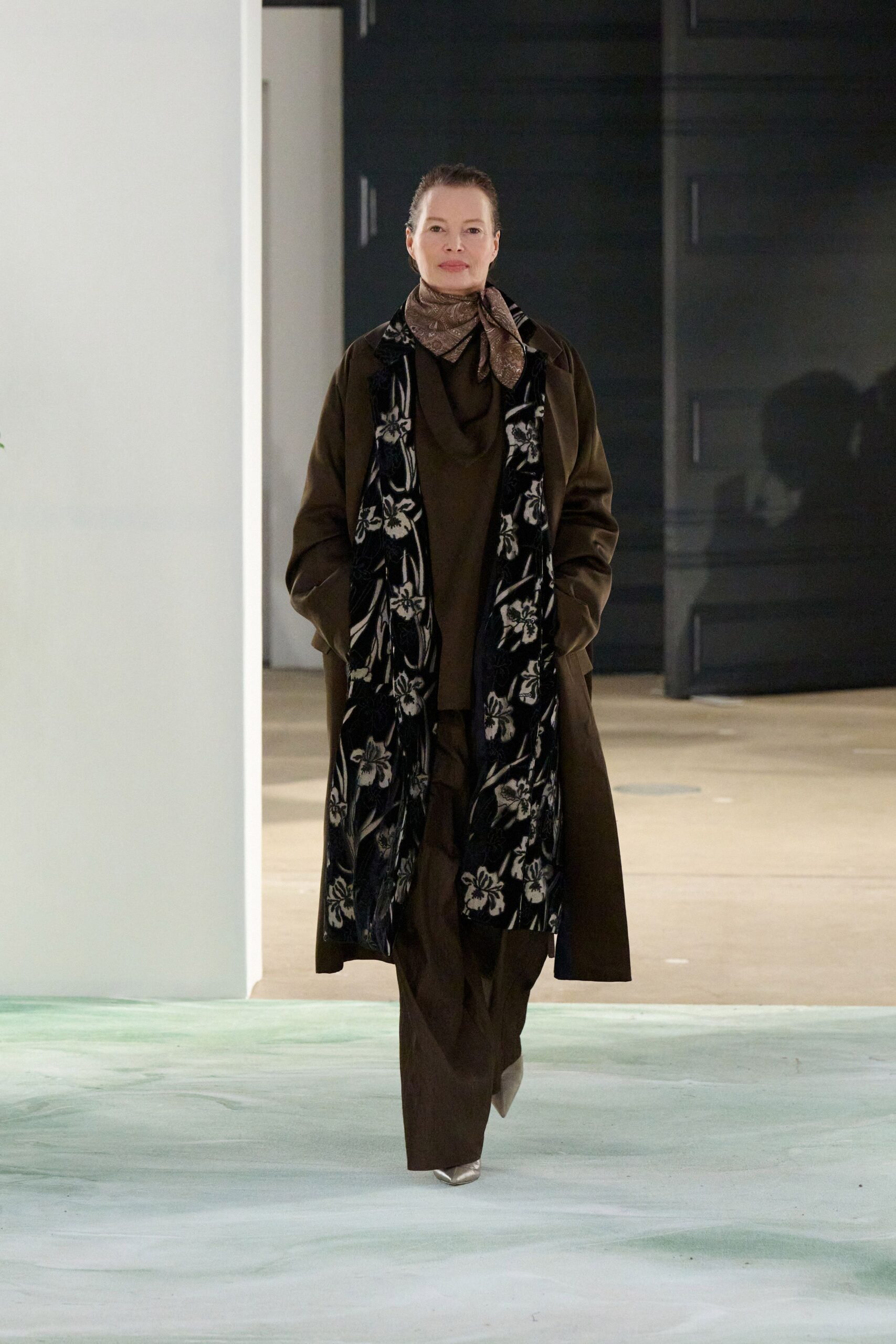 brown wool coat with floral scarf