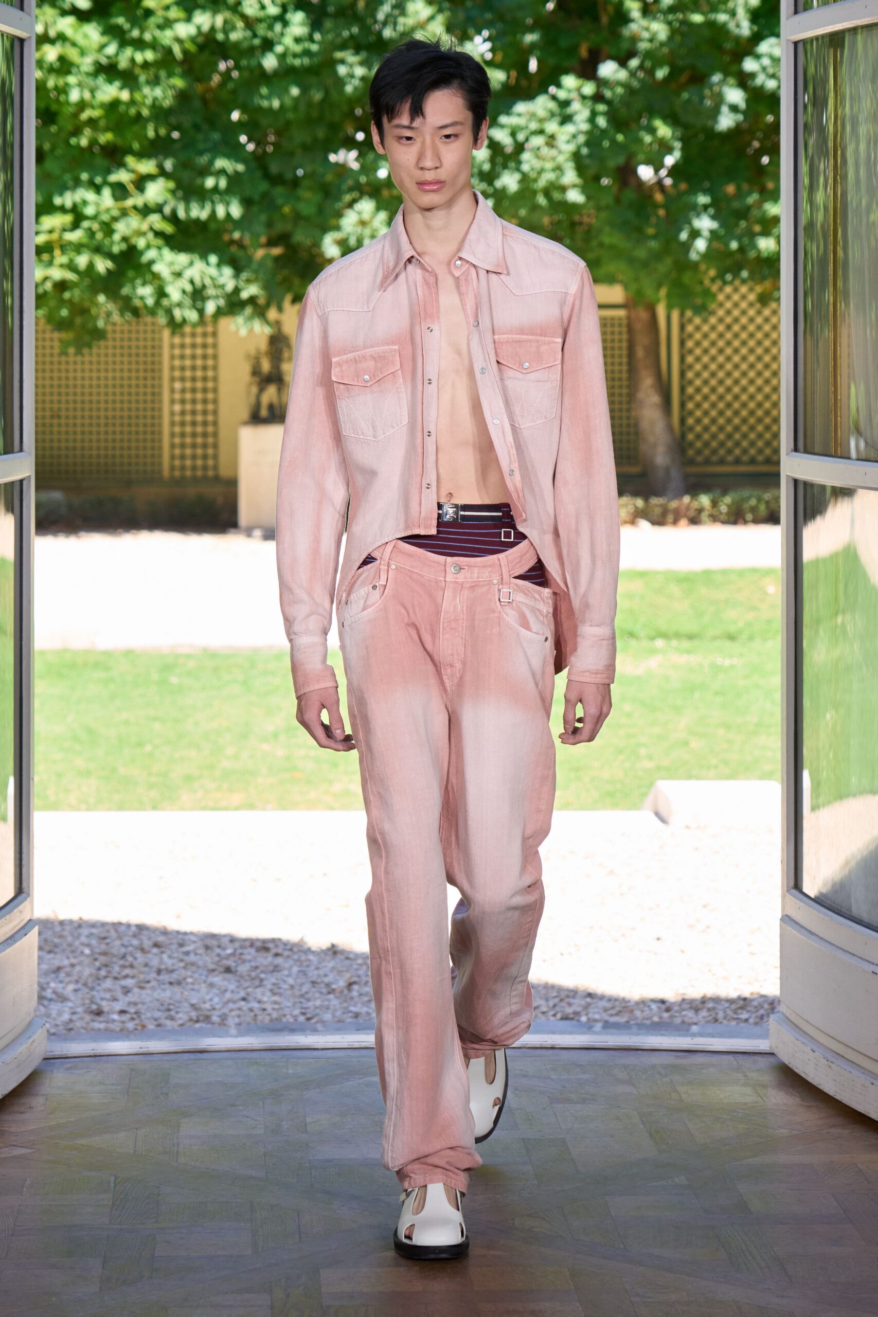 pink denim long-sleeve collared relaxed buttoned shirt