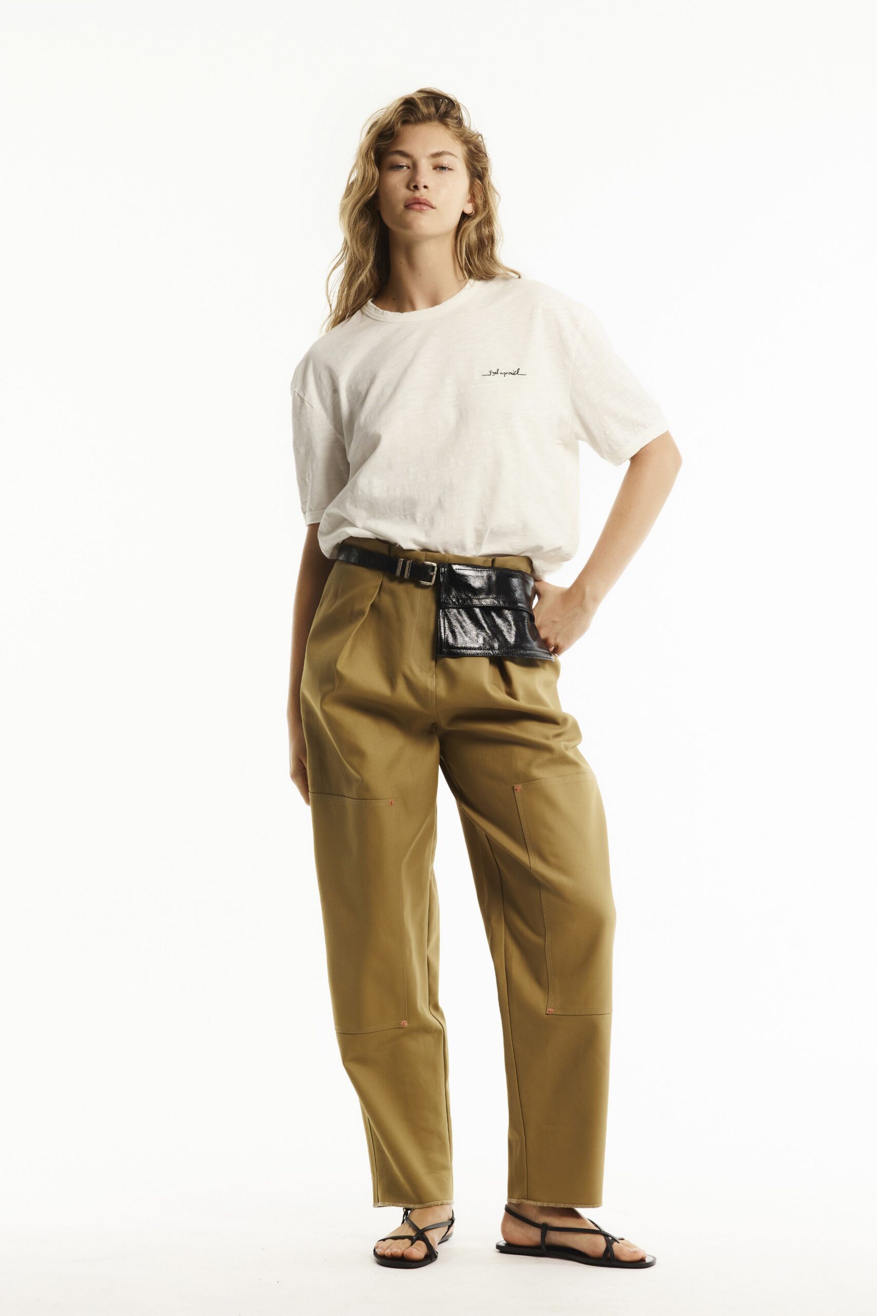 white relaxed t-shirt with brown cargo pants