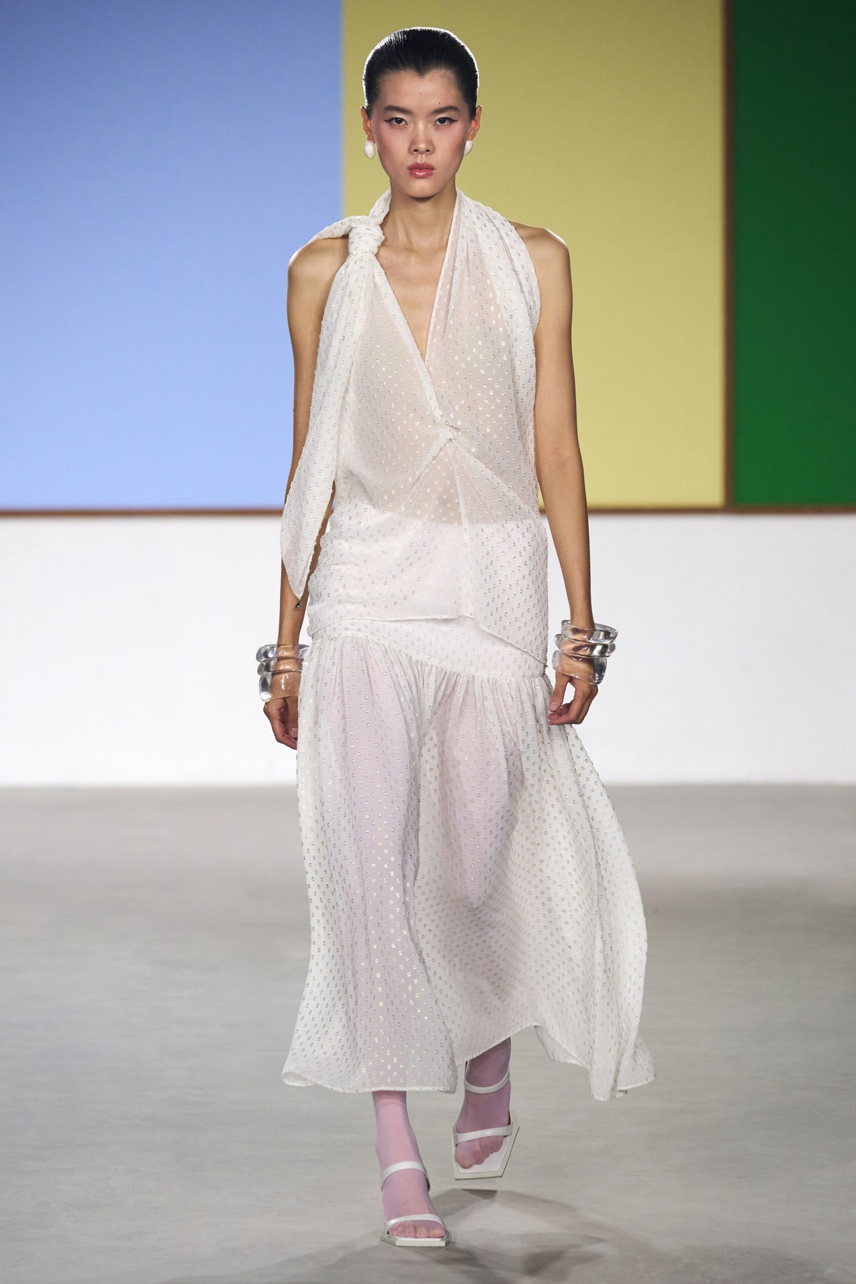 white chiffon sleeveless v-neck fitted pleated draped dress