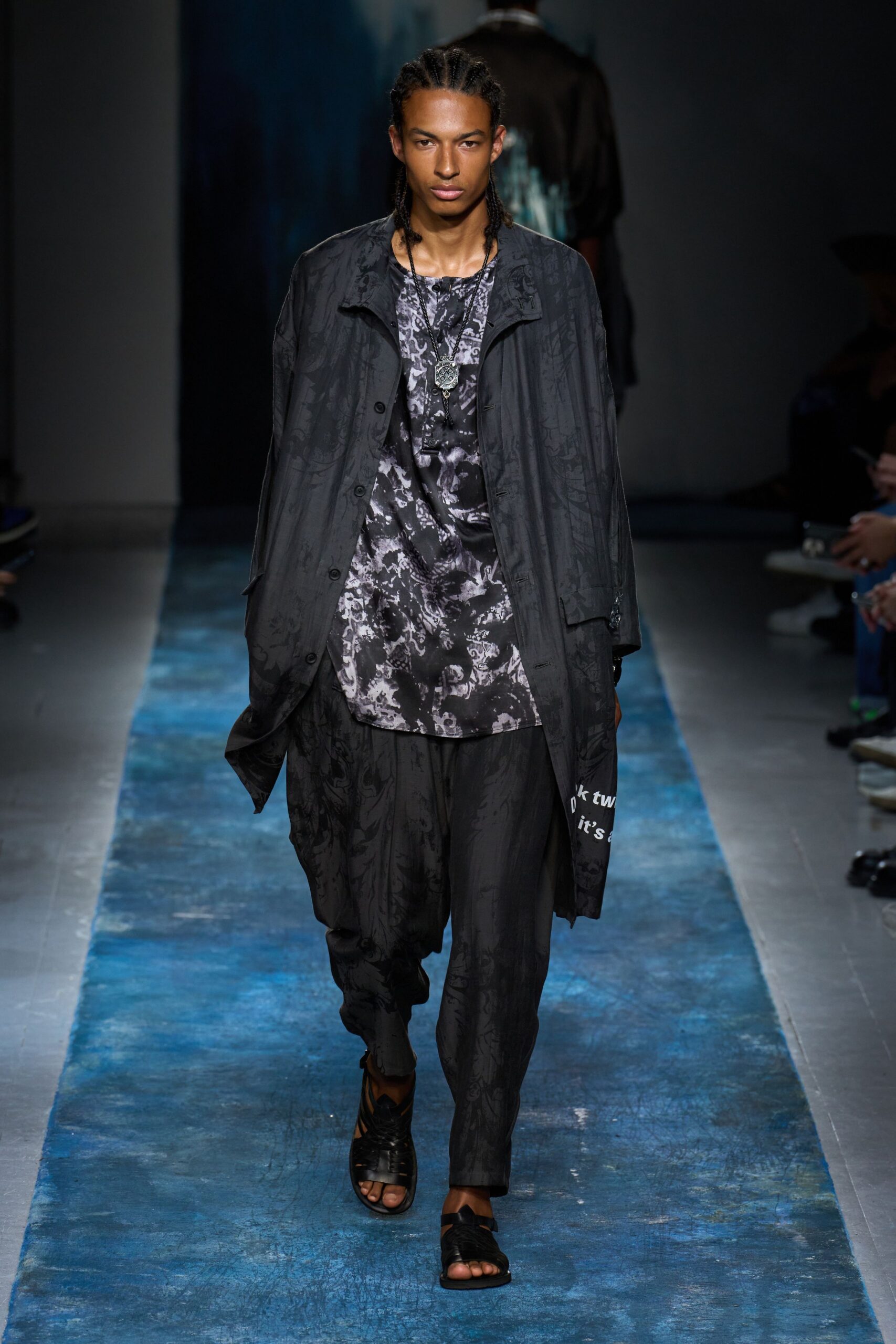 black silk layered coat and pants