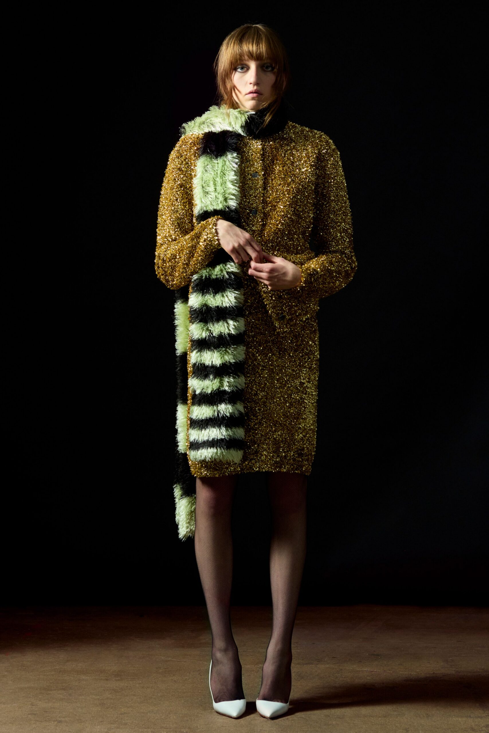 gold sequin long-sleeve collared fitted embellished shiny dress