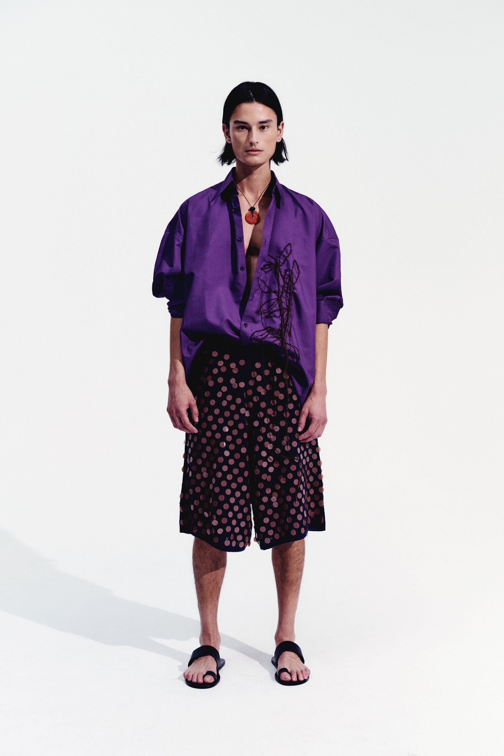 purple cotton short-sleeve collared relaxed printed shirt