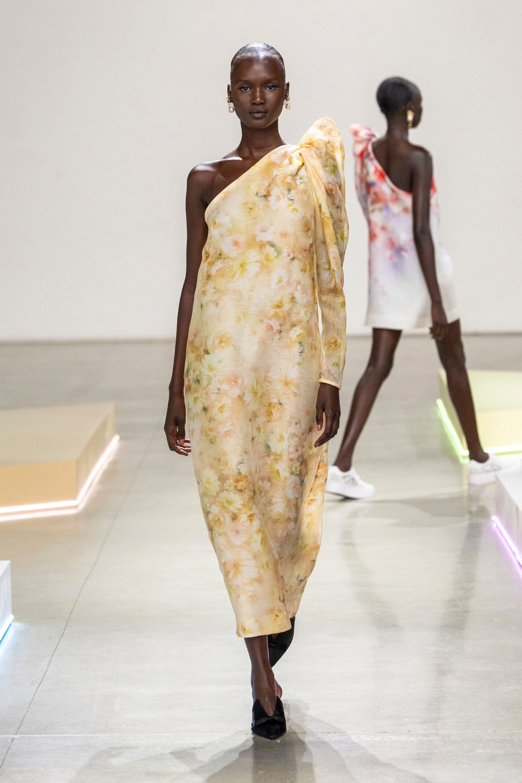 yellow silk sleeveless asymmetric fitted floral flowing dress
