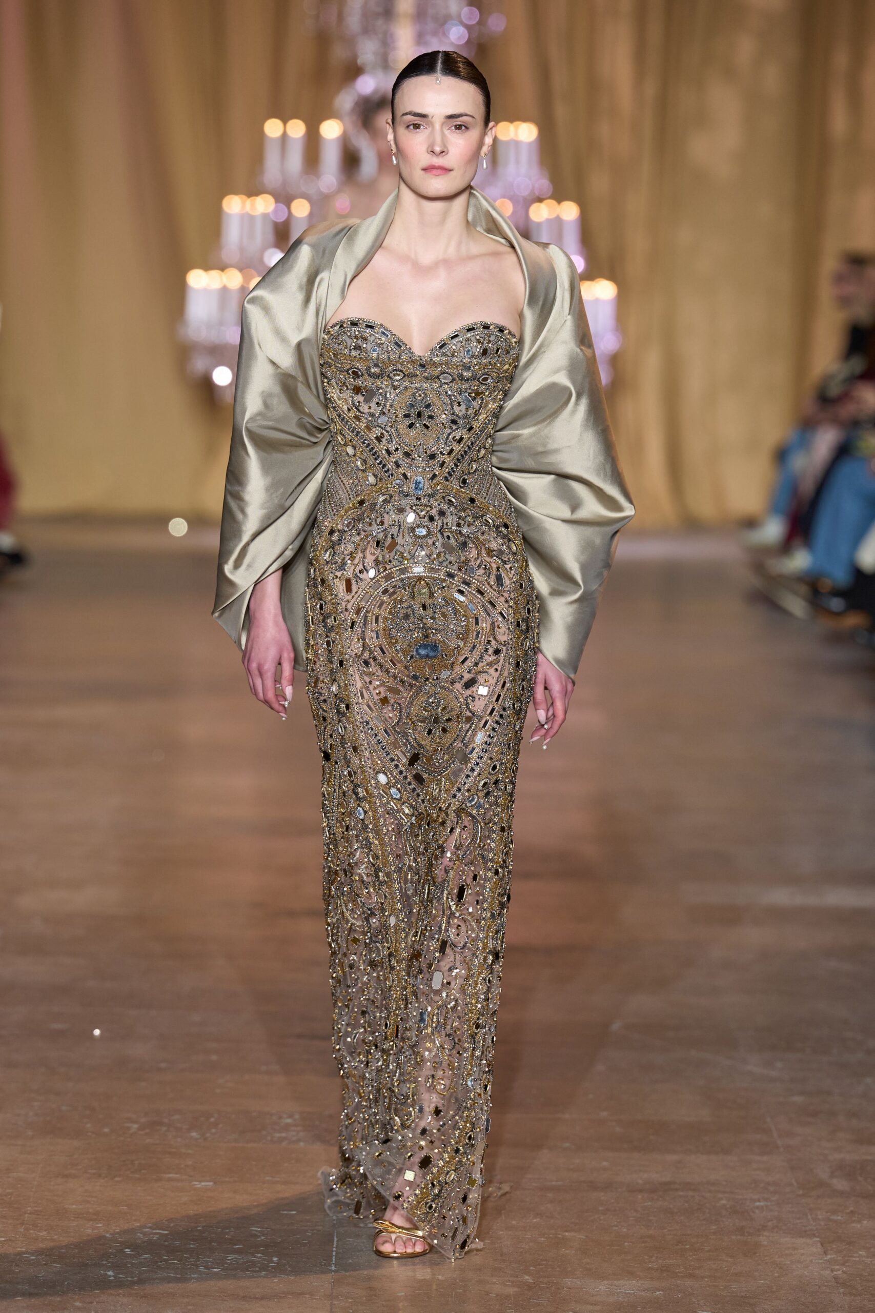 gold sequin strapless fitted embellished sheer maxi gown