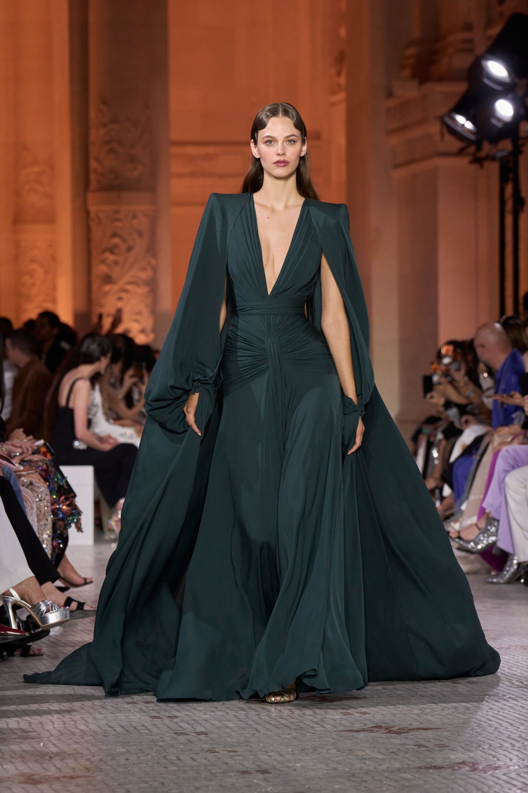 green silk fitted gown