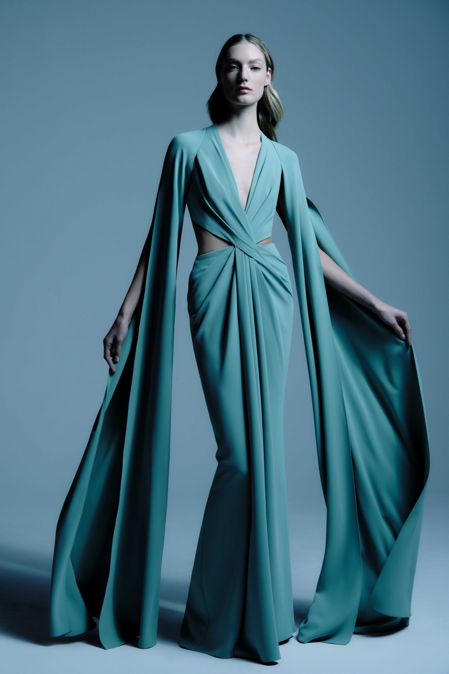 teal silk fitted gown