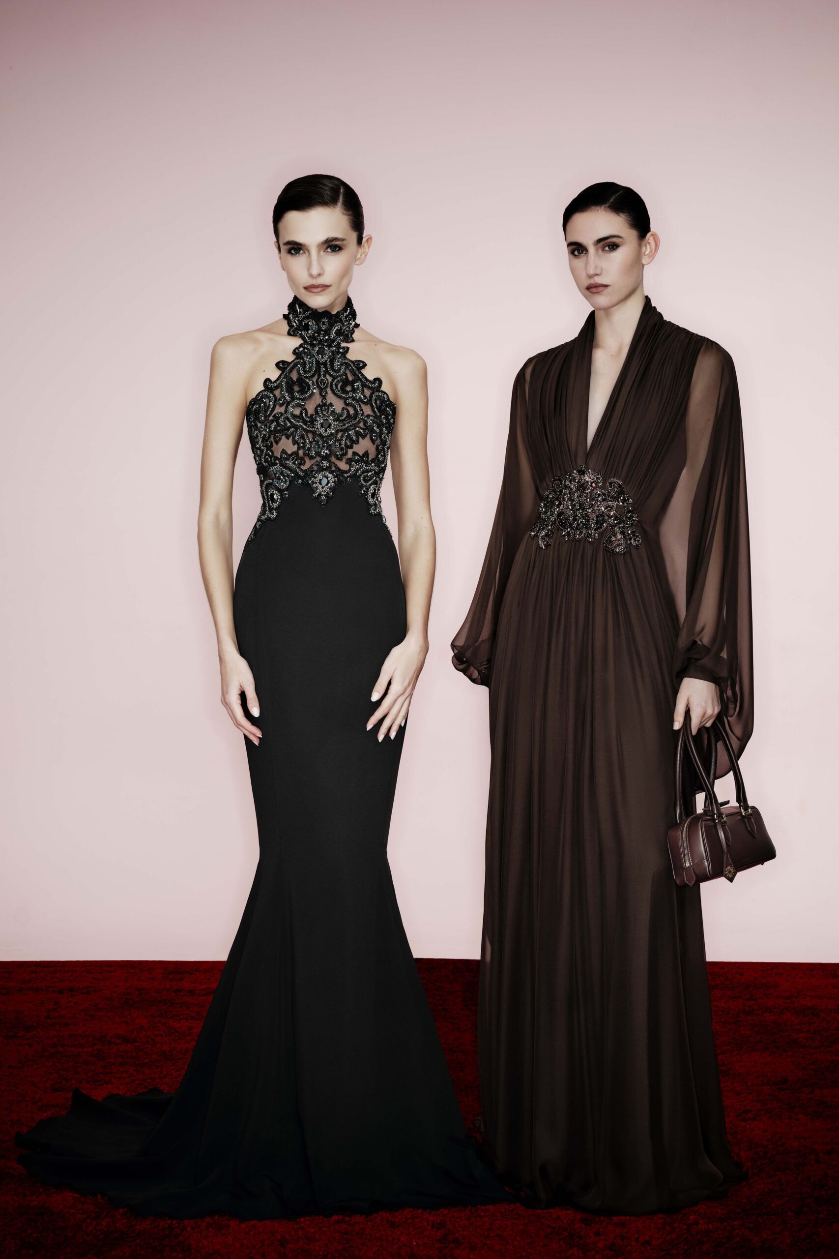 black silk sleeveless high-neck fitted embroidered flared gown