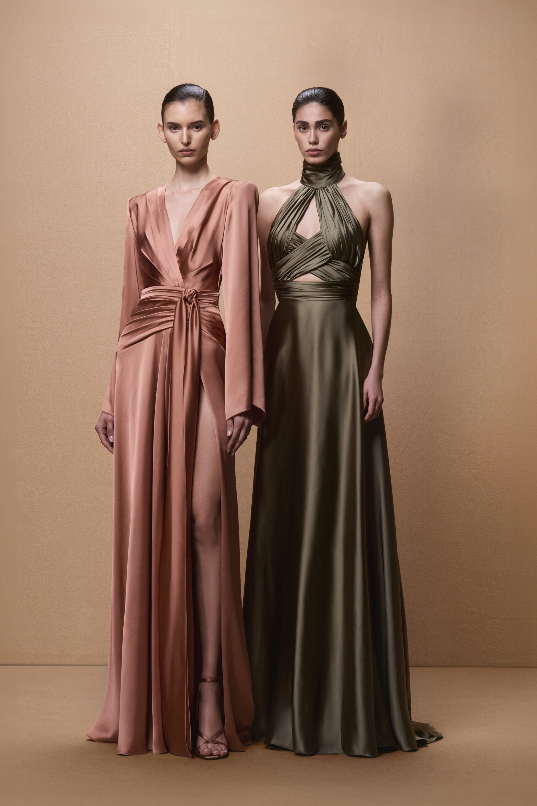 coral silk long-sleeve v-neck fitted draped belted gown