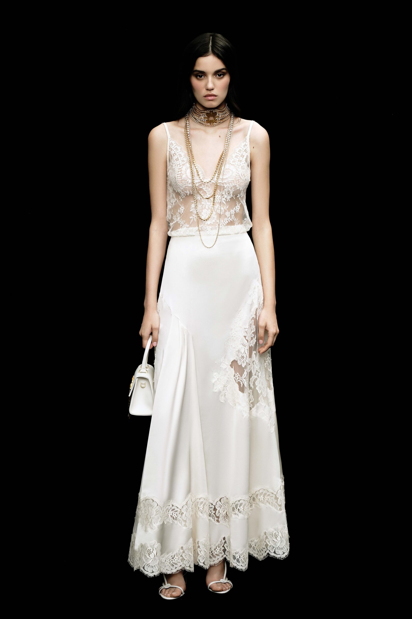 white silk sleeveless v-neck fitted layered embroidered dress