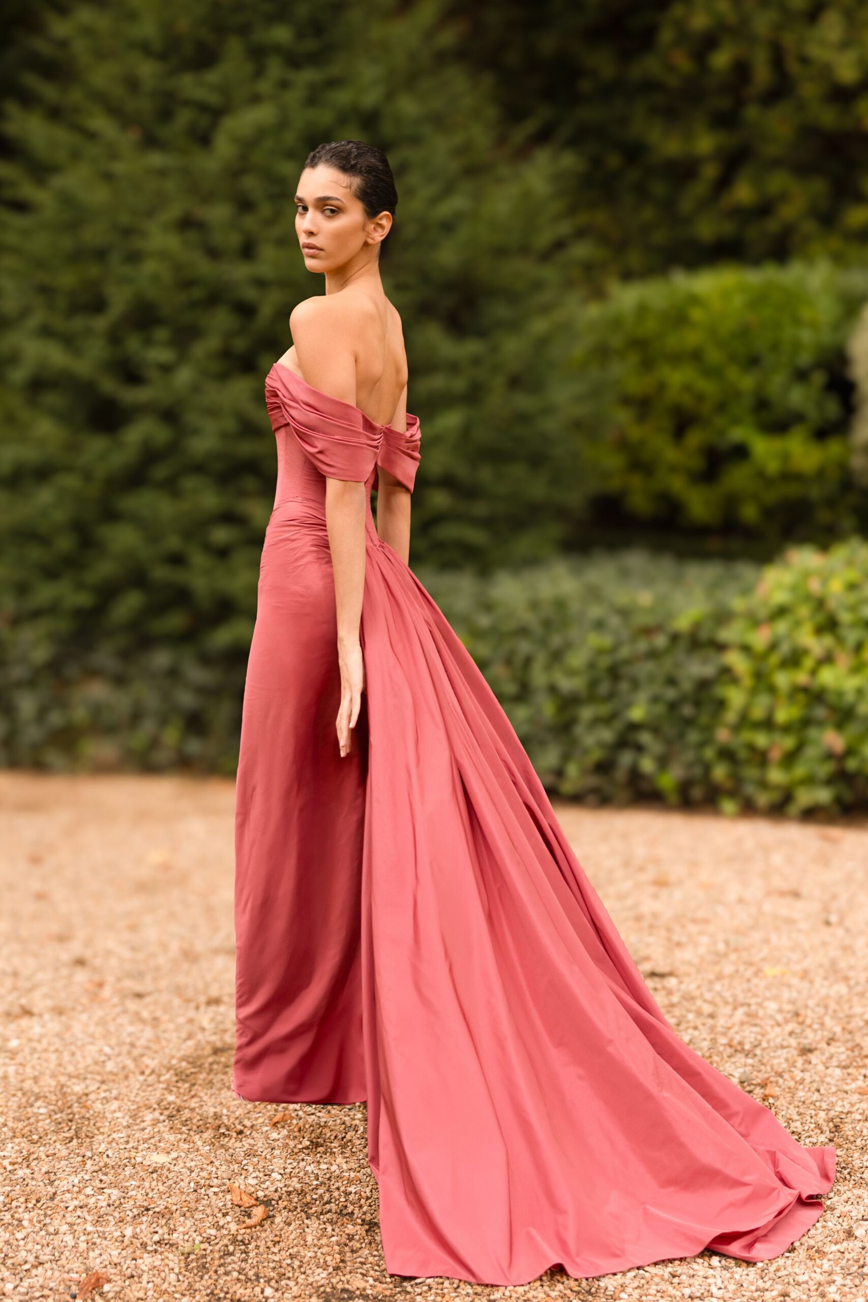 pink silk off-shoulder gown