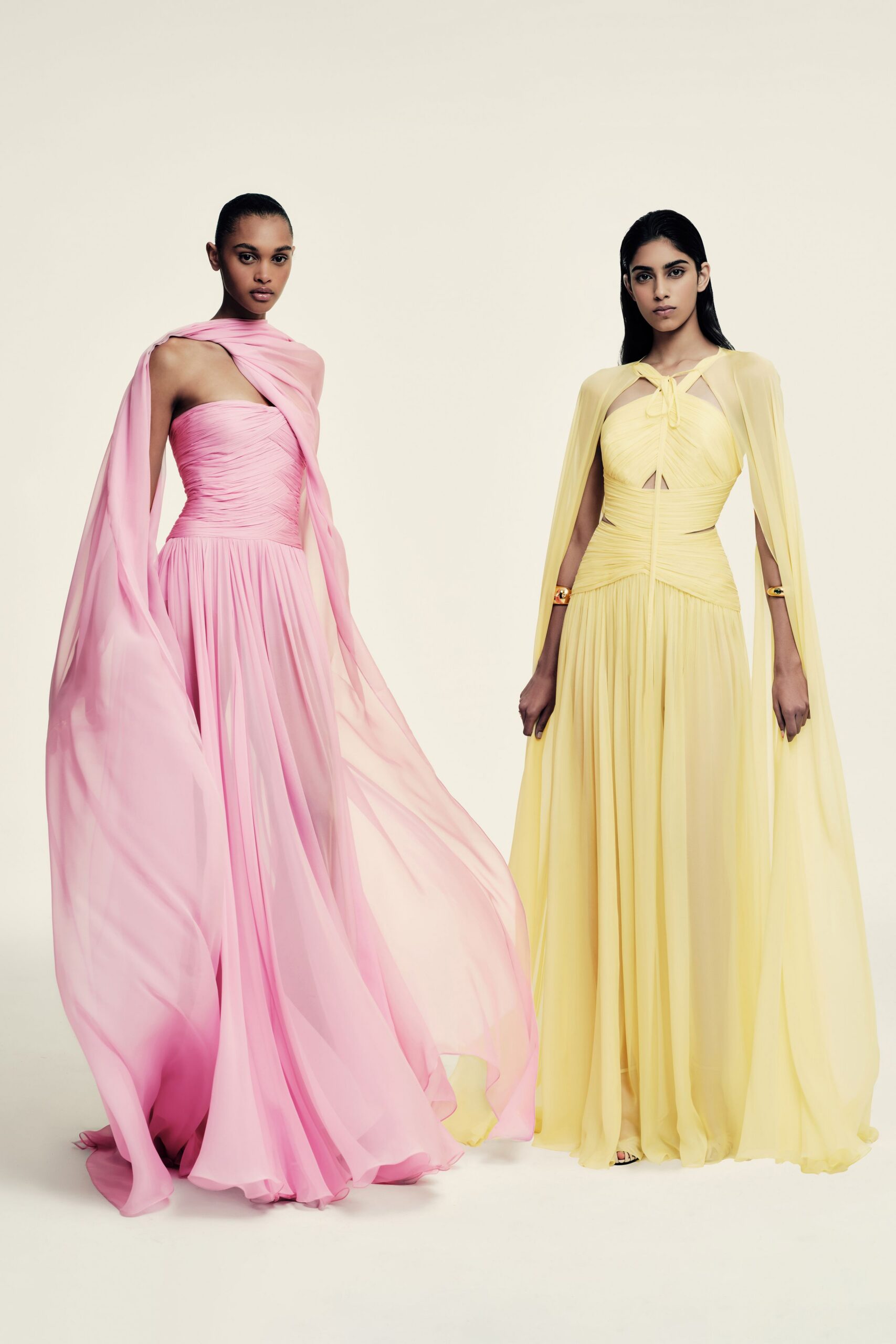 yellow chiffon sleeveless v-neck fitted draped gown