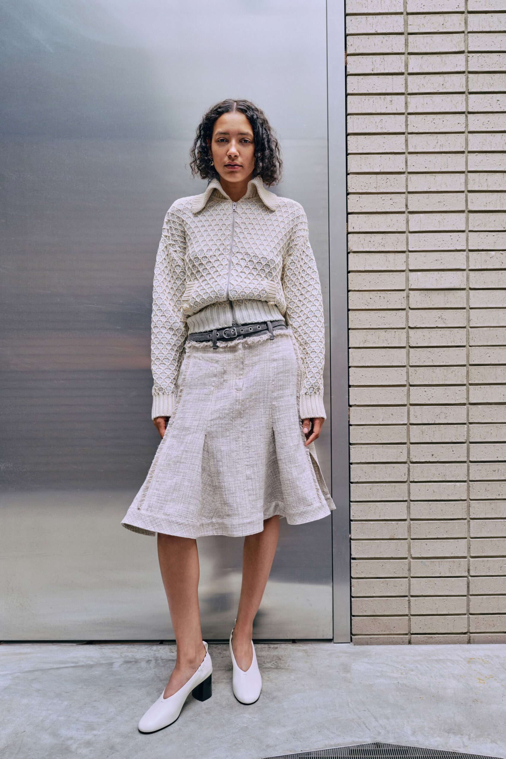 gray linen relaxed high-waisted flared midi skirt