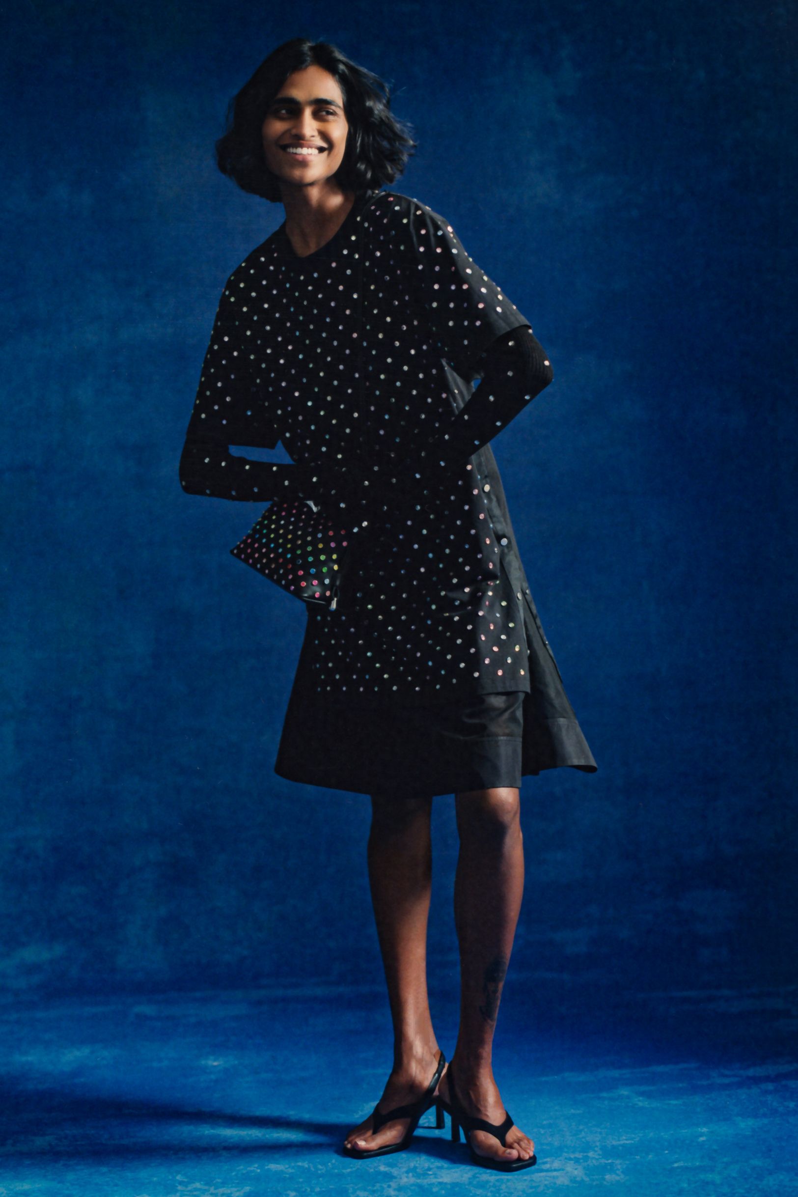 black polka-dot midi dress