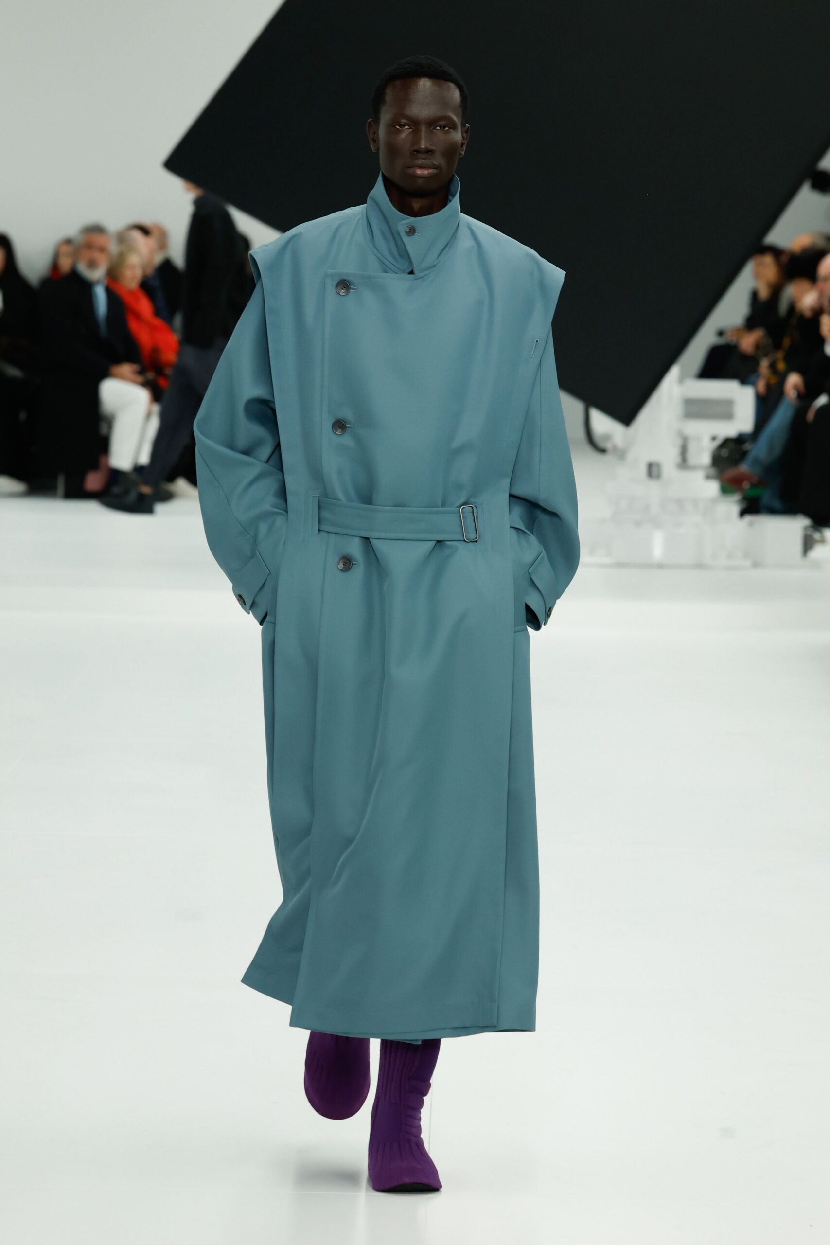 blue relaxed coat with purple boots