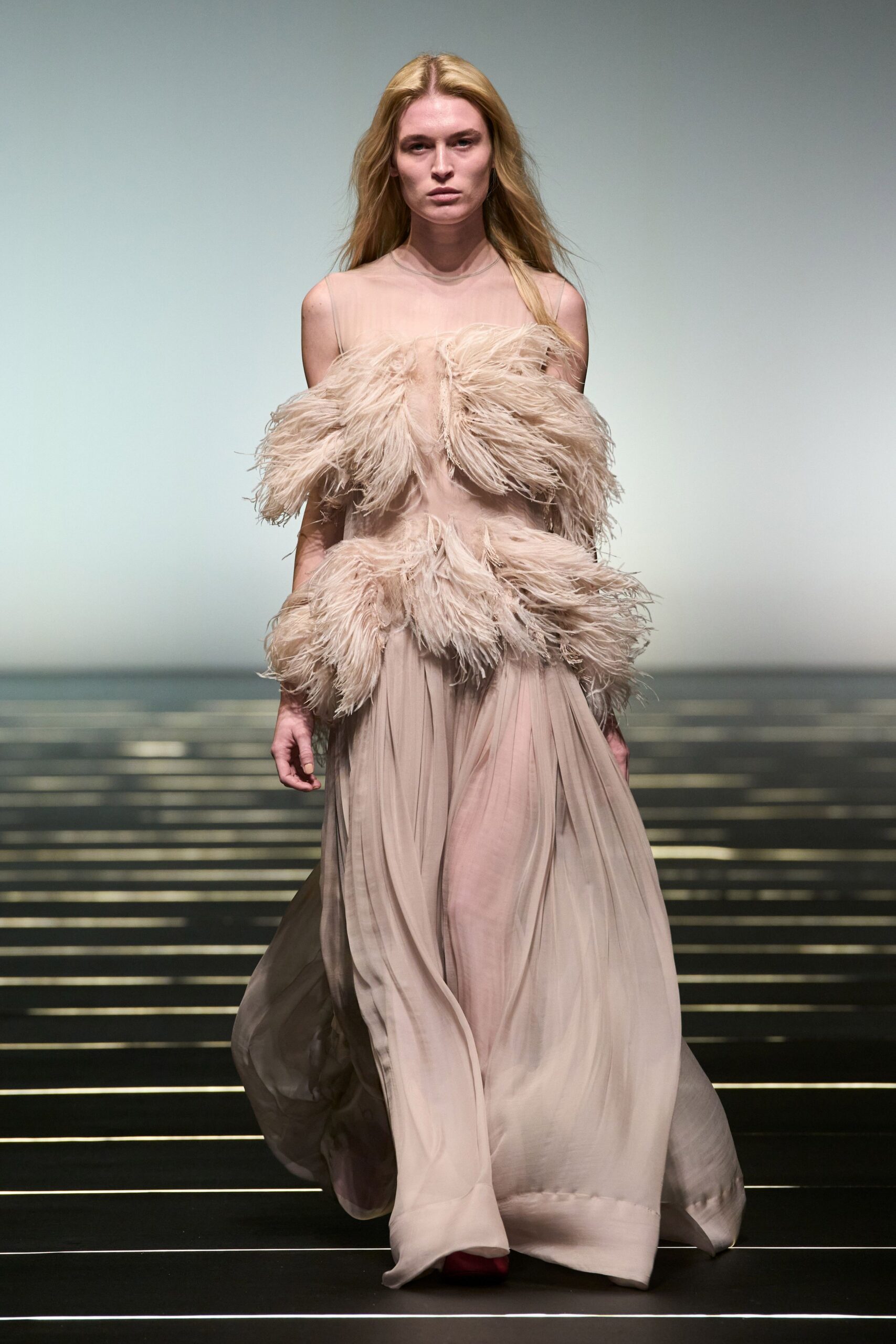 beige silk sleeveless gown