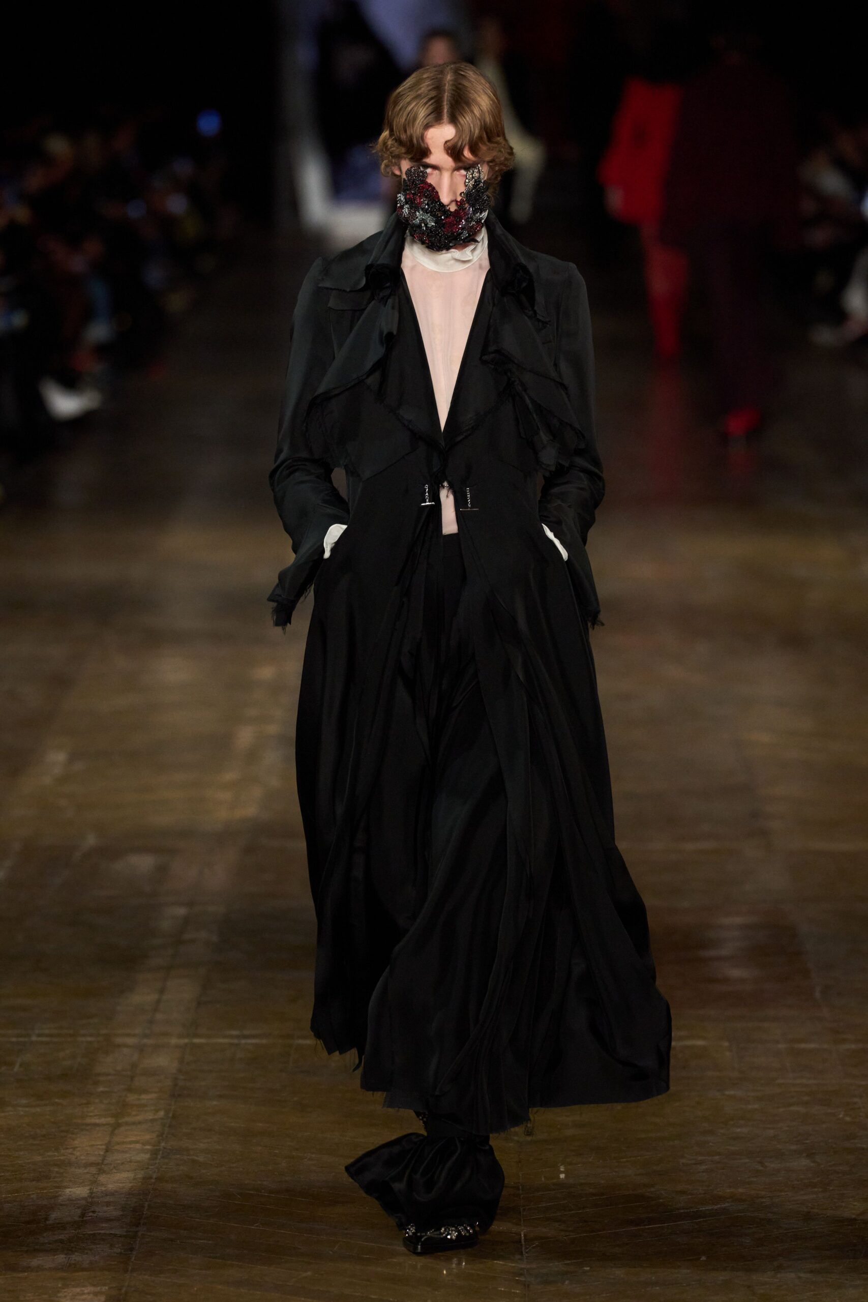 black silk long-sleeve collared relaxed draped maxi coat